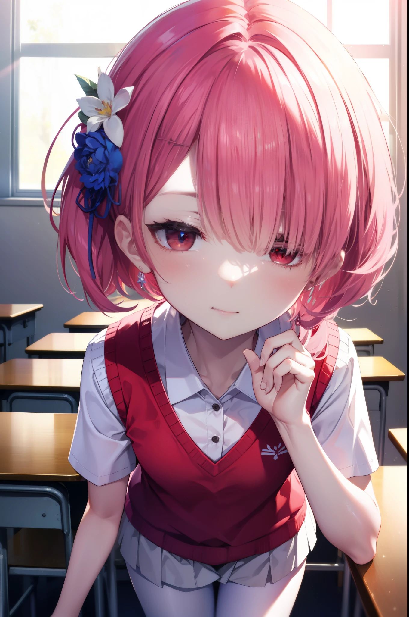 rezeroRam, Ram, Hair Flowers, hair ornaments, Hair on one eye, Pink Hair, (Red eyes:1.5), , x hair ornaments, bangs, blunt bangs,Side Ponytail,happy smile, smile, Open your mouth,,White Y-shirt,Short sleeve,Sweater vest, (red Sweater vest:1.5),
,Black pleated skirt,White pantyhose,Brown Loafers,足を組んで椅子に座っている
break indoors, School　classroom,
break looking at viewer,whole body,
break (masterpiece:1.2), highest quality, High resolution, unity 8k wallpaper, (shape:0.8), (Fine and beautiful eyes:1.6), extレムely detailed face, Perfect lighting, extレムely detailed CG, (Perfect hands, Perfect Anatomy),