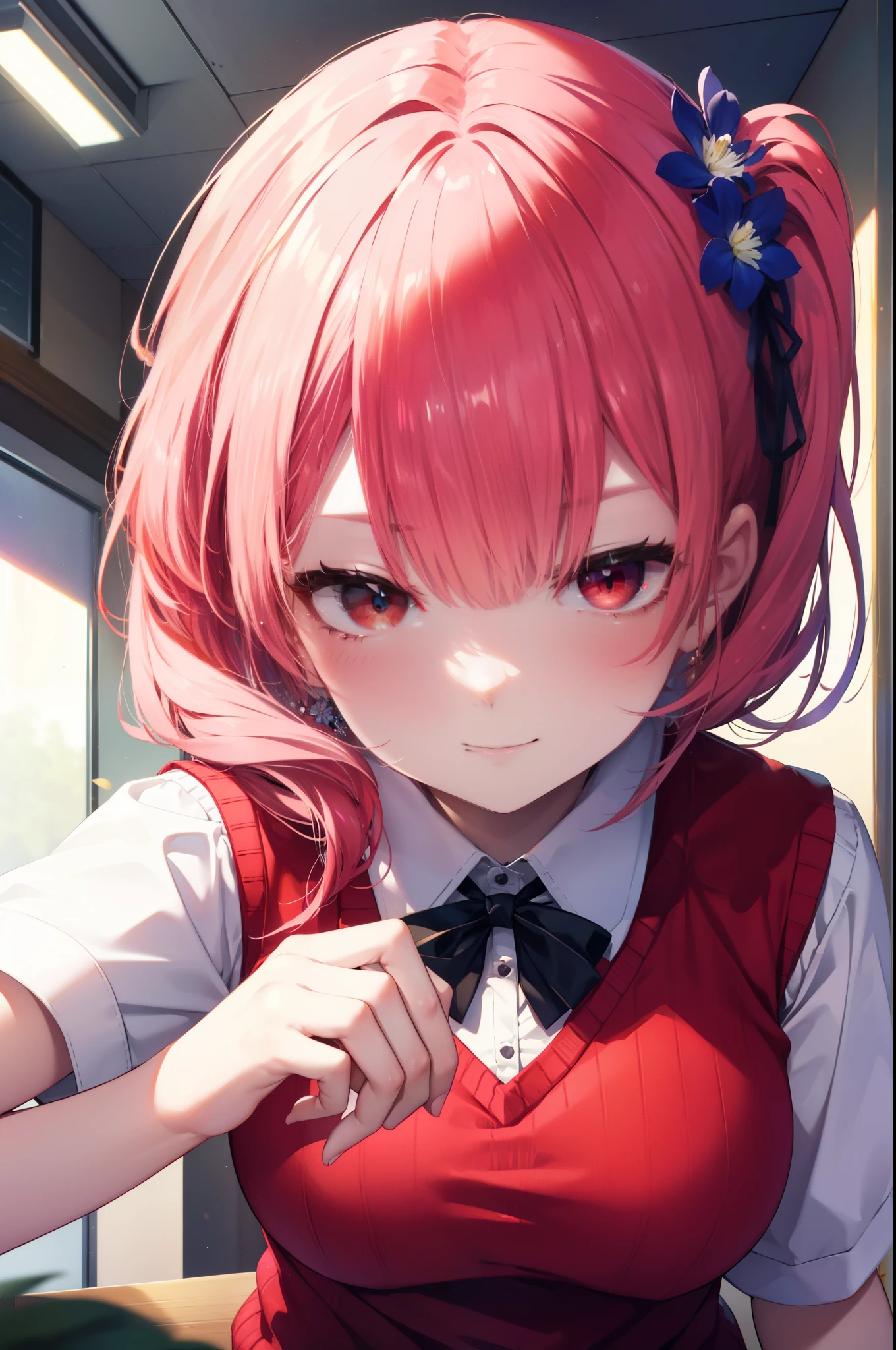 rezeroRam, Ram, Hair Flowers, hair ornaments, Hair on one eye, Pink Hair, (Red eyes:1.5), , x hair ornaments, bangs, blunt bangs,Side Ponytail,happy smile, smile, Open your mouth,,White Y-shirt,Short sleeve,Sweater vest, (red Sweater vest:1.5),
,Black pleated skirt,White pantyhose,Brown Loafers,足を組んで椅子に座っている
break indoors, School　classroom,
break looking at viewer,whole body,
break (masterpiece:1.2), highest quality, High resolution, unity 8k wallpaper, (shape:0.8), (Fine and beautiful eyes:1.6), extレムely detailed face, Perfect lighting, extレムely detailed CG, (Perfect hands, Perfect Anatomy),