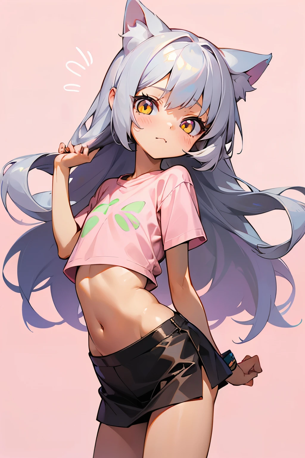 1girl, silver hair, golden eyes with pupils, ((skinny)), ((petite)), short, small, ((neko)), (cropped solid pastel pink tshirt), long hair, short skirt, (((kid))), cat ears, happy, blush, flat chest, midriff, at school, tummy