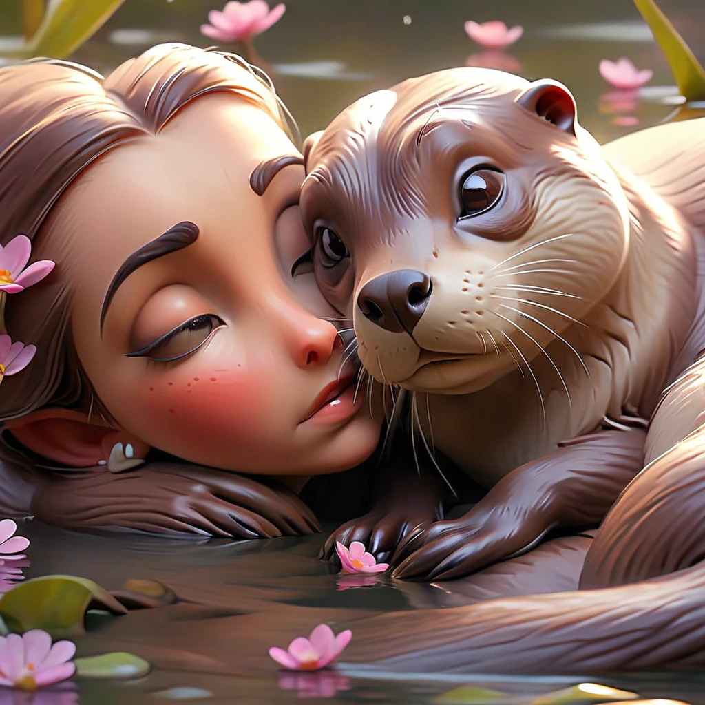 (a woman looks surprised,startled,surprised,wondering,in awe,amazed,intrigued,curious,bewildered) (as an otter cuddles up,snuggles up,nuzzles into,settle down,rest,tucks itself,snuggles into,cuddle in) (between her breasts,against her chest,between her chest,close to her heart,close to her body,inside her arms) and goes to sleep. (material: oil painting,acrylic painting,canvas paint,watercolor painting) (additional details: beautiful garden,flower petals,floating petals,sunshine shining,sunlight filtering,glowing light,dappled light,soft breeze,peaceful) ((best quality,4k,8k,highres,masterpiece:1.2),ultra-detailed,(realistic,photorealistic,photo-realistic:1.37),vivid colors,HDR,sharp focus) (art style: realism,impressionism,romanticism) (color palette: pastel colors,soft hues,warm tones) (light: soft lighting,warm lighting,natural lighting)