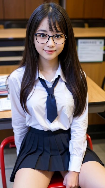 Girl, black stockings, long pink hair, student uniform, double ponytail, inside the classroom, black-framed glasses, looking up and smiling, sitting on a chair, realistic style, light and shadow, warm sunlight, the camera is shot from top to bottom