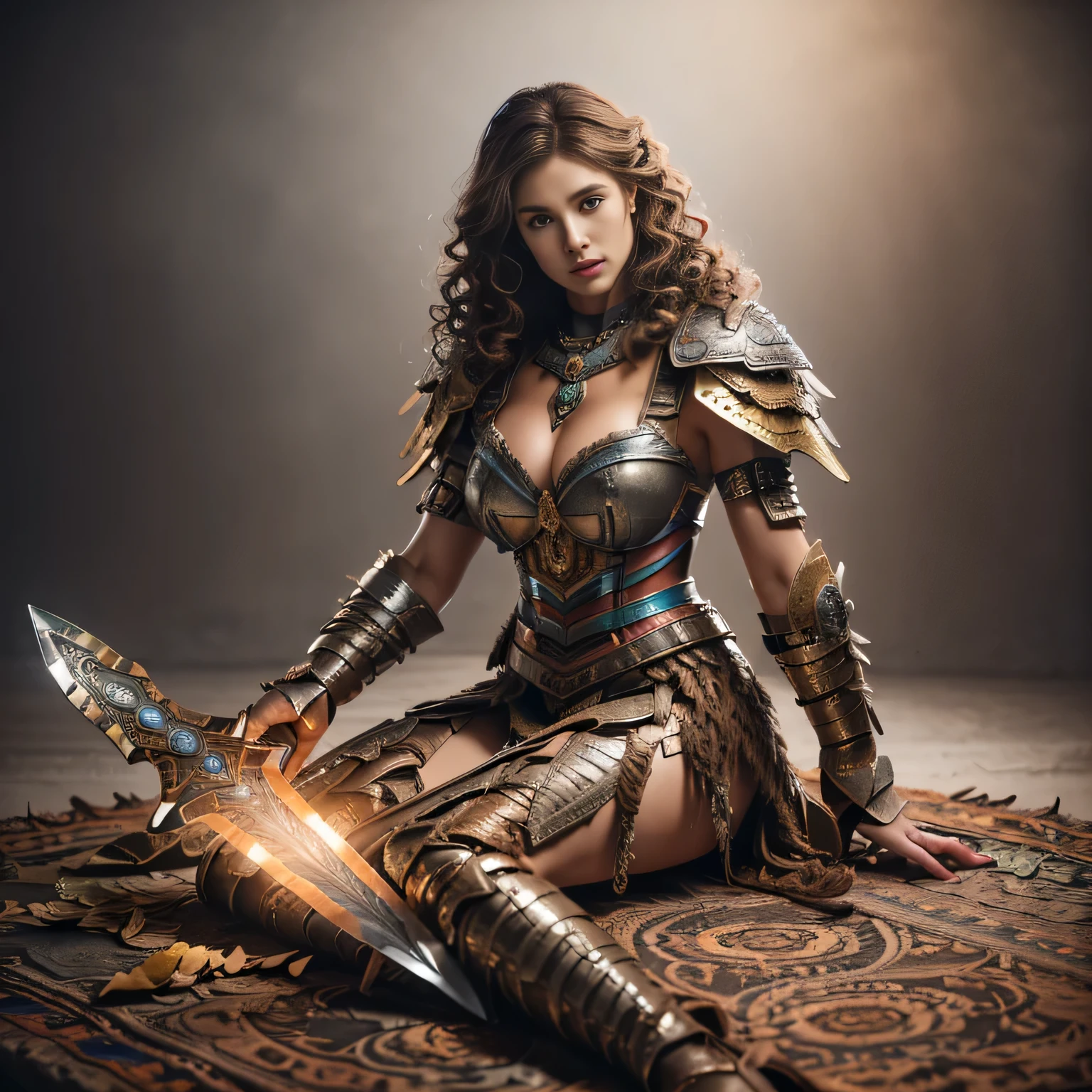 Busty brunette, knight in intricate armor, masterpiece, best quality, realistic, hyperrealistic, 16k hdr, photorealistic, cinematic, medieval scene, knight's throne view, 25yo, voluptuous woman,(brown hair, cascading curls:1.3),brown leather armor,enhanced breasts,from front,seated,chest focus,chainmail, gloved hands resting on sword, dramatic lighting, knightly background, knight's portrait view, high resolution, ultra-detailed, ultra-sharp, chivalric atmosphere, 1 girl, full body armor, brown eyes, detailed