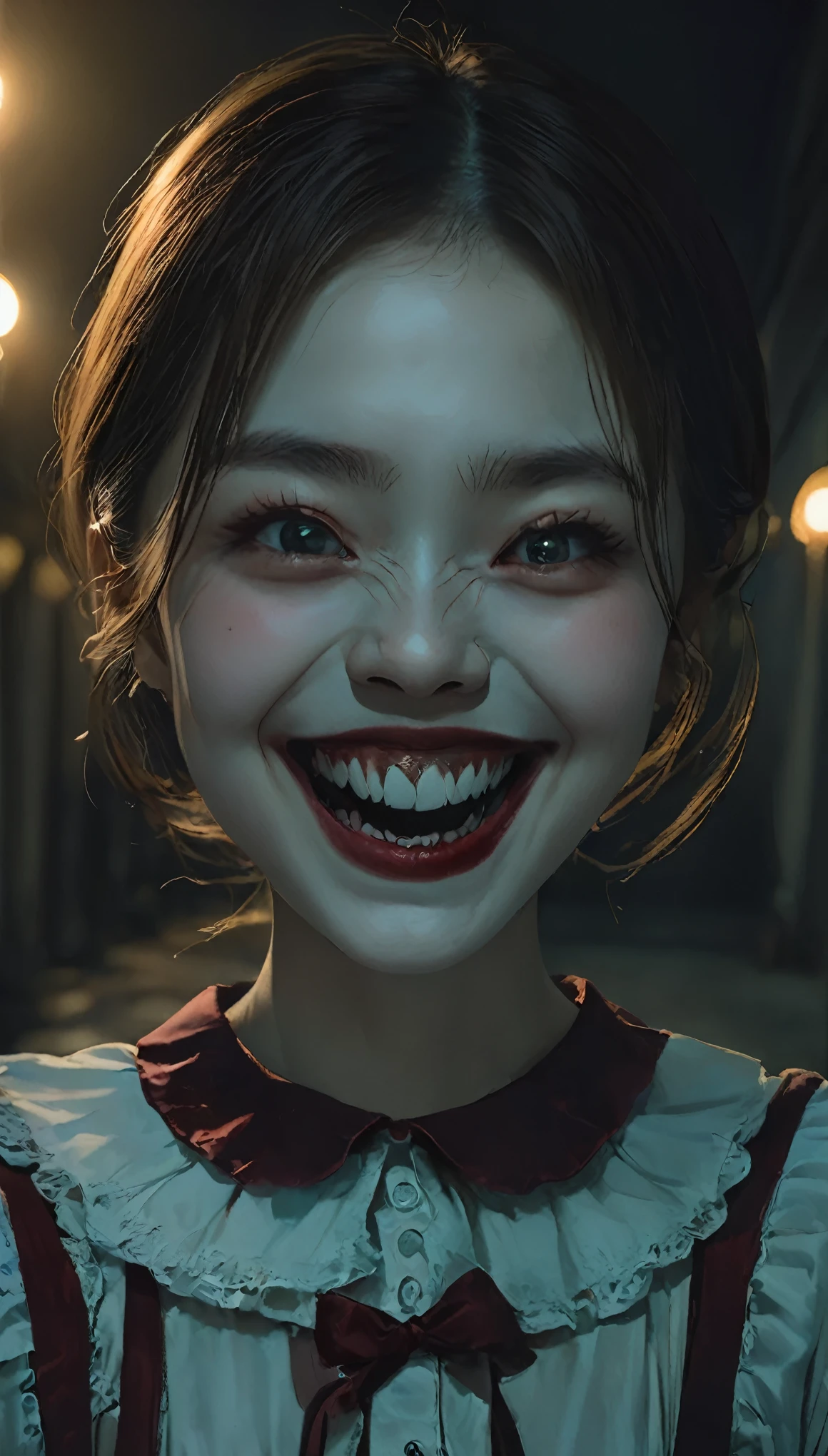 highest quality,Horror,spooky笑顔:0.2,The corners of the mouth are turned up、Beautiful teeth alignment、Beautiful Teeth、Sedentary eyes、Red Nose,Detailed face,Scary atmosphere,Dark Background,Dramatic lighting,Sharp focus,an  ominous,evil夢,Scary Clown,Scary expressions,emotion,Exposing teeth,Big smile,Red lips,evil,Ghostly,evil夢のような,Anxious,Night Scenery,spooky笑い,Strong gaze,A frightening personality,Distorted face,Threatening,Gothic,Sharp Eye,evil夢のような scenery,spooky,Anxious,Horror movie aesthetic,evil夢 fuel,Ghostlyly beautiful,A terrifying presence,evil夢-inducing,Shadow,spooky雰囲気