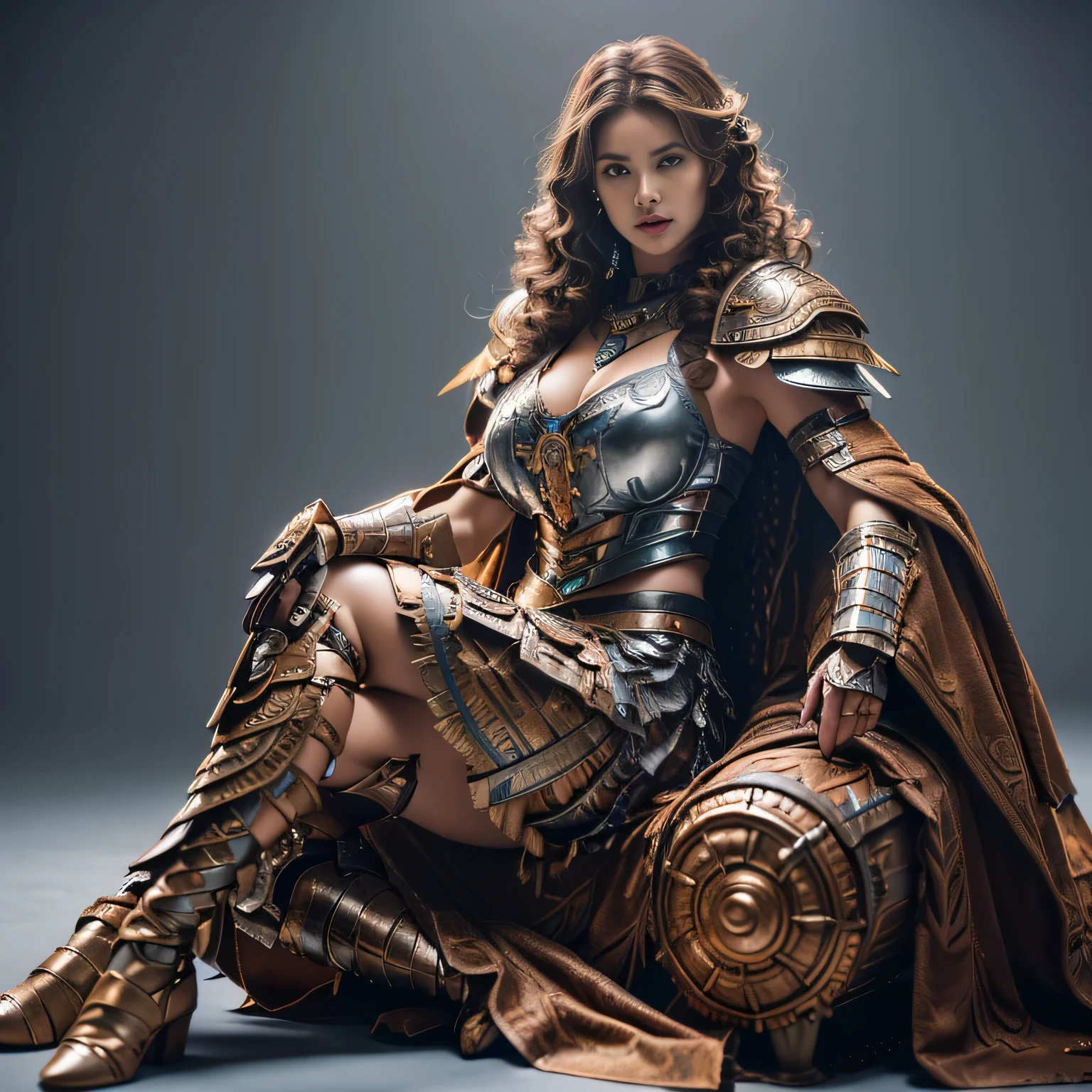 Busty brunette, knight in intricate armor, masterpiece, best quality, realistic, hyperrealistic, 16k hdr, photorealistic, cinematic, medieval scene, knight's throne view, 25yo, voluptuous woman,(brown hair, cascading curls:1.3),brown leather armor,enhanced breasts,from front,seated,chest focus,chainmail, gloved hands resting on sword, dramatic lighting, knightly background, knight's portrait view, high resolution, ultra-detailed, ultra-sharp, chivalric atmosphere, 1 girl, full body armor, brown eyes, detailed