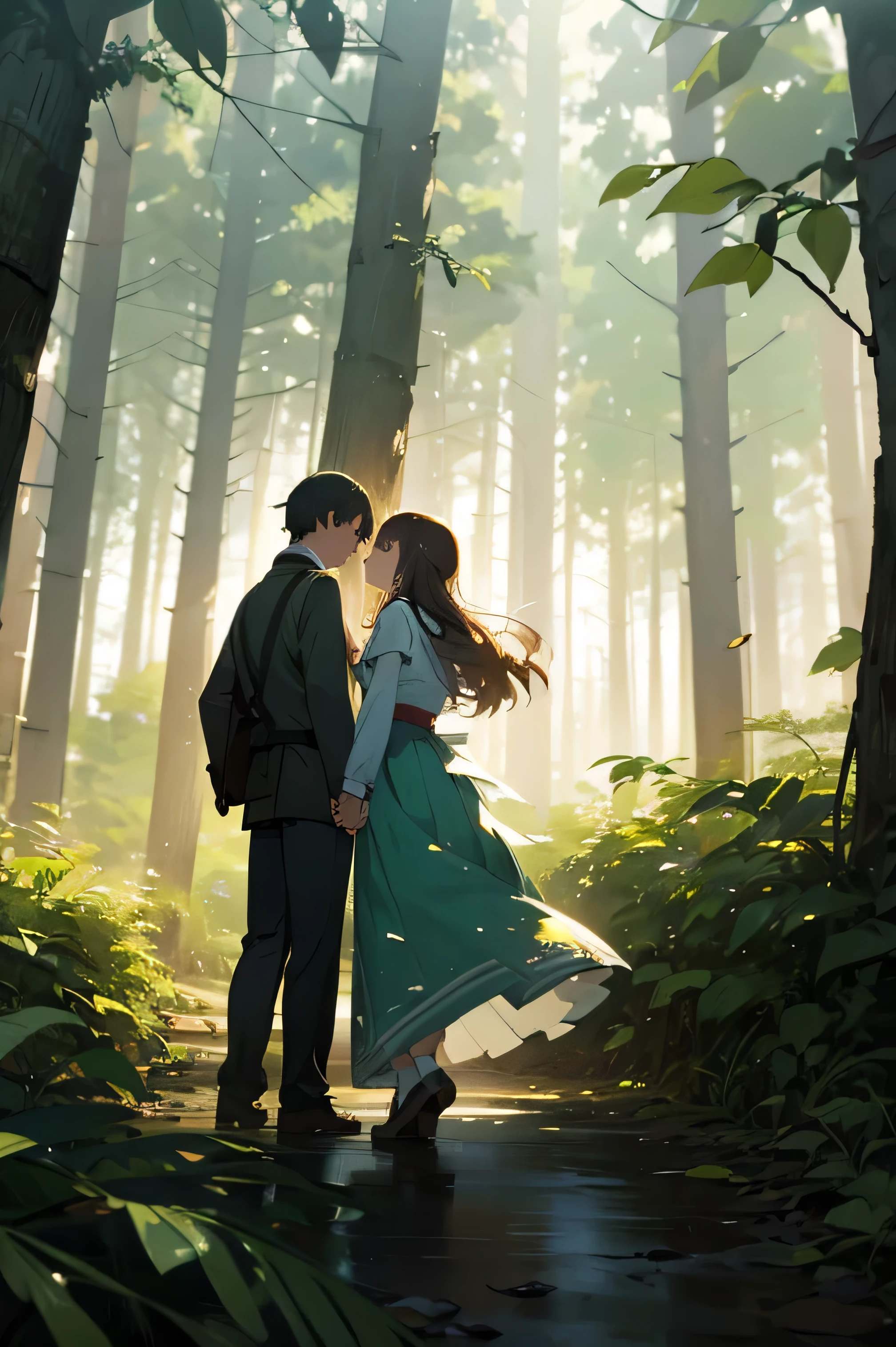 forrest backgorund , many leaf , morning light, couple hand in hand,facing forward
