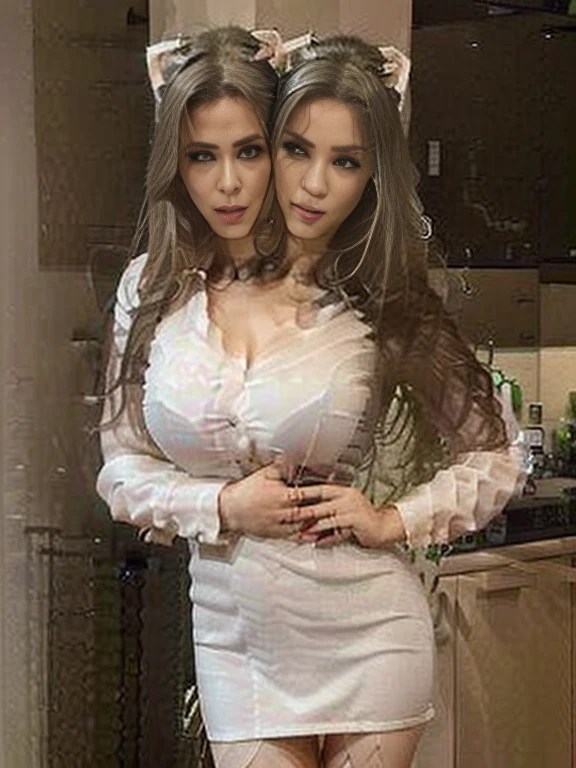 Photo, (((2heads:1, conjoined_dicephalus:1.5, two heads:1.5))), **Render**: full body, girl, (((((one person))))), feminine face, no facial hair, no body hair, cute face, detailed skin, detailed eye, Rendering in highly detailed 4K resolution, two-headed, ~25 years old, ((Silver/White Cat Ears)), (Chinese woman), (standing in the middle of a kitchen), dressed in a non-transparent ((white shirt)), ((red eyeshadow/lipstick/nails)), ((silver straight hair)), ((puckering her lips)), ((extending her arms towards the camera as if offering a warm welcome))