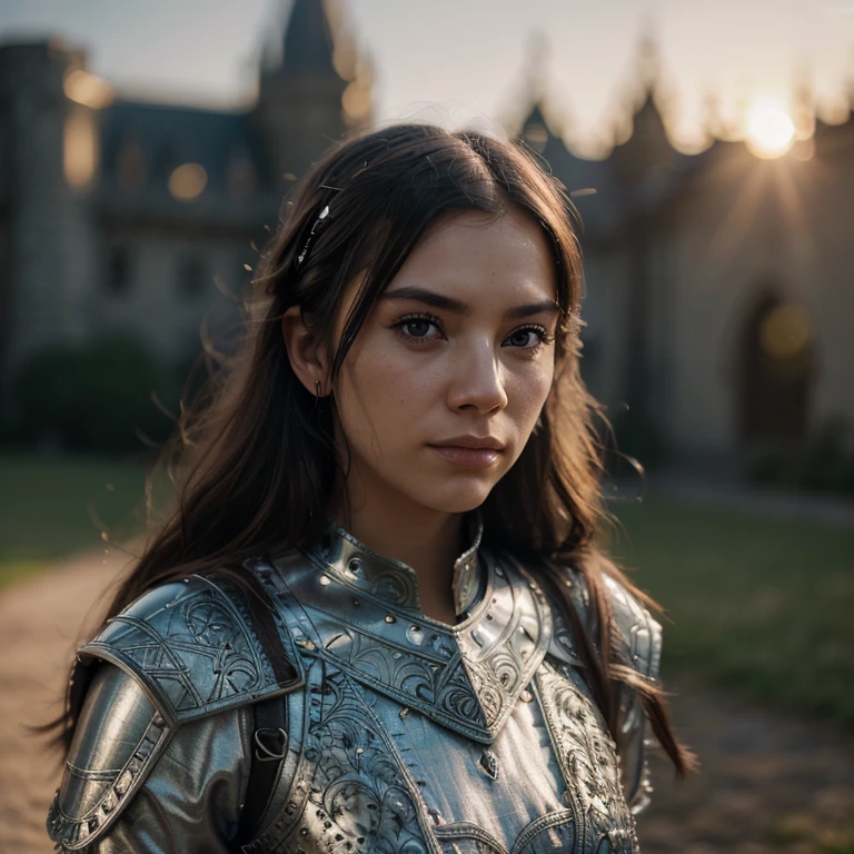 (masterpiece), (extremely intricate:1.3), (realistic), portrait of a girl, the most beautiful in the world, (medieval armor), metal reflections, upper body, outdoors, intense sunlight, far away castle, professional photograph of a stunning woman detailed, sharp focus, dramatic, award winning, cinematic lighting, octane render unreal engine, volumetrics dtx, (film grain, blurry background, blurry foreground, bokeh, depth of field, sunset, motion blur:1.3), chainmail