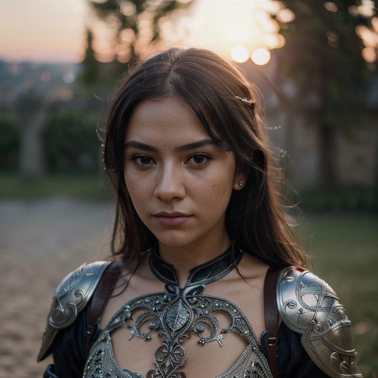 (masterpiece), (extremely intricate:1.3), (realistic), portrait of a girl, the most beautiful in the world, (medieval armor), metal reflections, upper body, outdoors, intense sunlight, far away castle, professional photograph of a stunning woman detailed, sharp focus, dramatic, award winning, cinematic lighting, octane render unreal engine, volumetrics dtx, (film grain, blurry background, blurry foreground, bokeh, depth of field, sunset, motion blur:1.3), chainmail