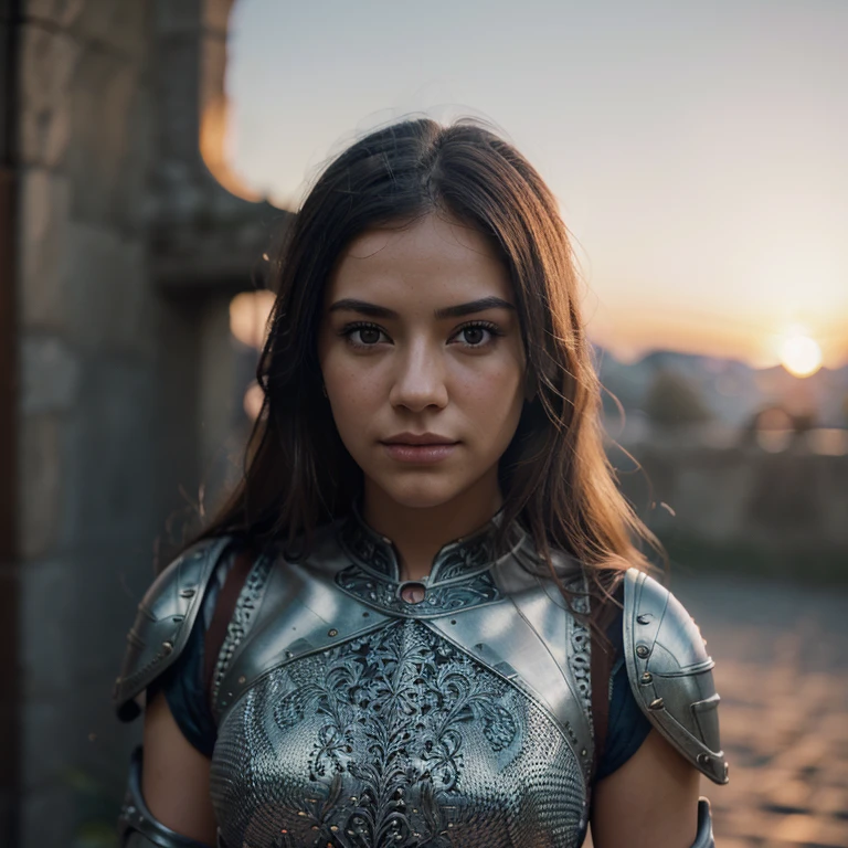 (masterpiece), (extremely intricate:1.3), (realistic), portrait of a girl, the most beautiful in the world, (medieval armor), metal reflections, upper body, outdoors, intense sunlight, far away castle, professional photograph of a stunning woman detailed, sharp focus, dramatic, award winning, cinematic lighting, octane render unreal engine, volumetrics dtx, (film grain, blurry background, blurry foreground, bokeh, depth of field, sunset, motion blur:1.3), chainmail
