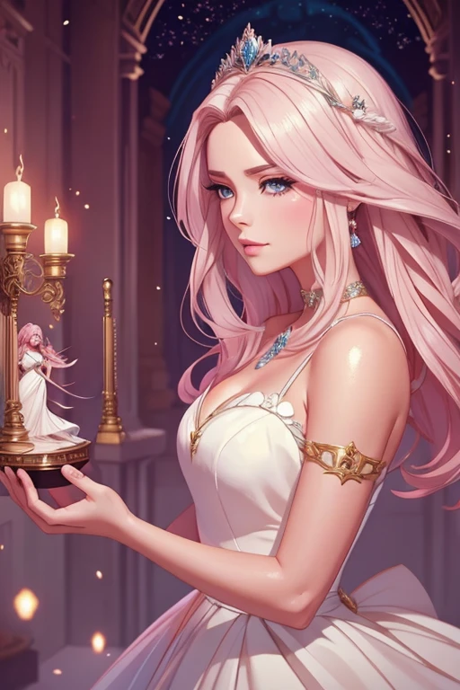 there is a woman in a white dress holding a music box, artwork in the style of Guweiz, Guweiz on pixiv artstation, Guweiz on artstation pixiv, Guweiz, estilo de arte de fantasia, Guweiz masterpiece, rainha linda e elegante, linda pintura de personagem, arte digital detalhada de anime, princesa de cabelos loiros, cabelo branco, olhos azuis celestes, pink lips