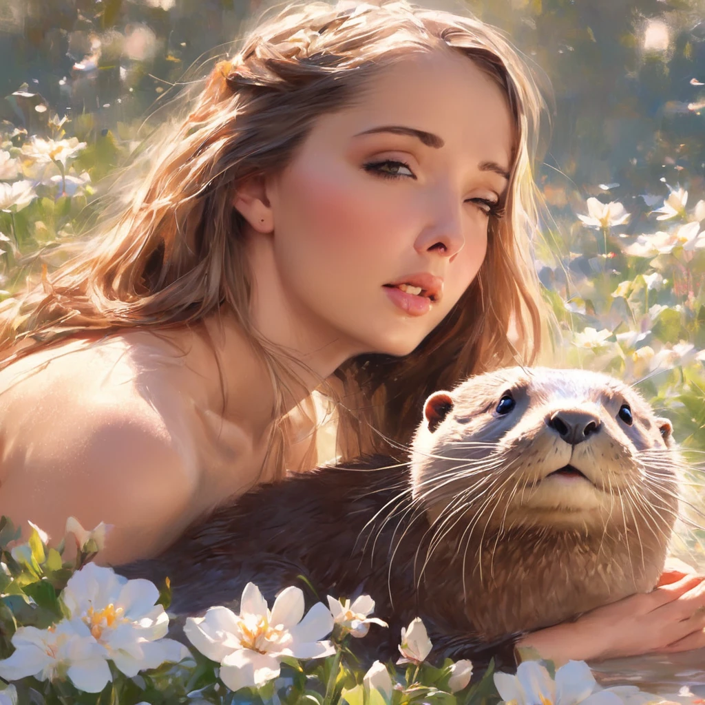 (a woman looks surprised,startled,surprised,wondering,in awe,amazed,intrigued,curious,bewildered) (as an otter cuddles up,snuggles up,nuzzles into,settle down,rest,tucks itself,snuggles into,cuddle in) (between her breasts,against her chest,between her chest,close to her heart,close to her body,inside her arms) and goes to sleep. (material: oil painting,acrylic painting,canvas paint,watercolor painting) (additional details: beautiful garden,flower petals,floating petals,sunshine shining,sunlight filtering,glowing light,dappled light,soft breeze,peaceful) ((best quality,4k,8k,highres,masterpiece:1.2),ultra-detailed,(realistic,photorealistic,photo-realistic:1.37),vivid colors,HDR,sharp focus) (art style: realism,impressionism,romanticism) (color palette: pastel colors,soft hues,warm tones) (light: soft lighting,warm lighting,natural lighting)