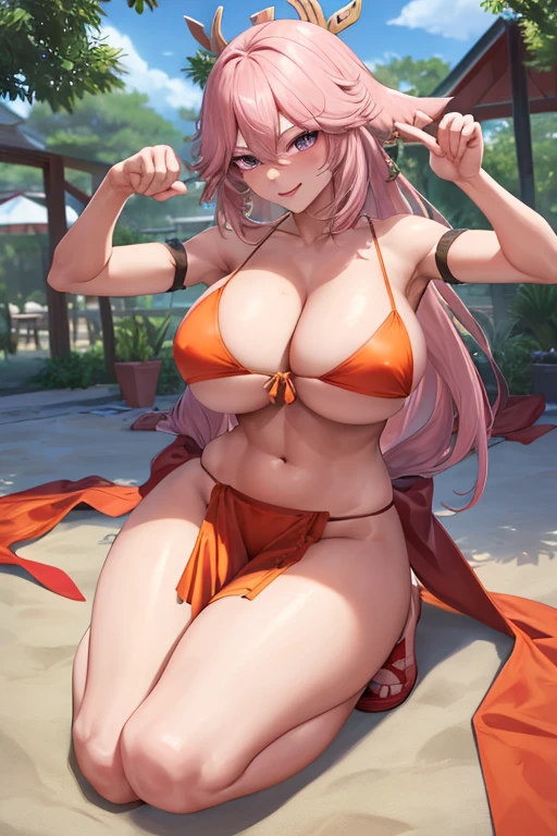 masterpiece, best quality, beautiful art, high resolution, well formed hands, body and fingers, 1 woman, solo Yae Miko, adult, grown up, big breasted, cleavage, full body, hair ornament, gorgeous legs and thighs, smile, wearing a Mii outfit, sexy and skimpy jungle bikini, pelvic curtain, she is fighting in a combat match at a martial arts tournament, she is getting ready to fight, making her guard pose, action and fighting scene, about to hit the viewer, looking at the viewer, sweating , feeling confident and proud, smiling joyfully and happily, charming her opponent with her beauty, winking at the viewer, fighting scene, martial arts tournament on the beach