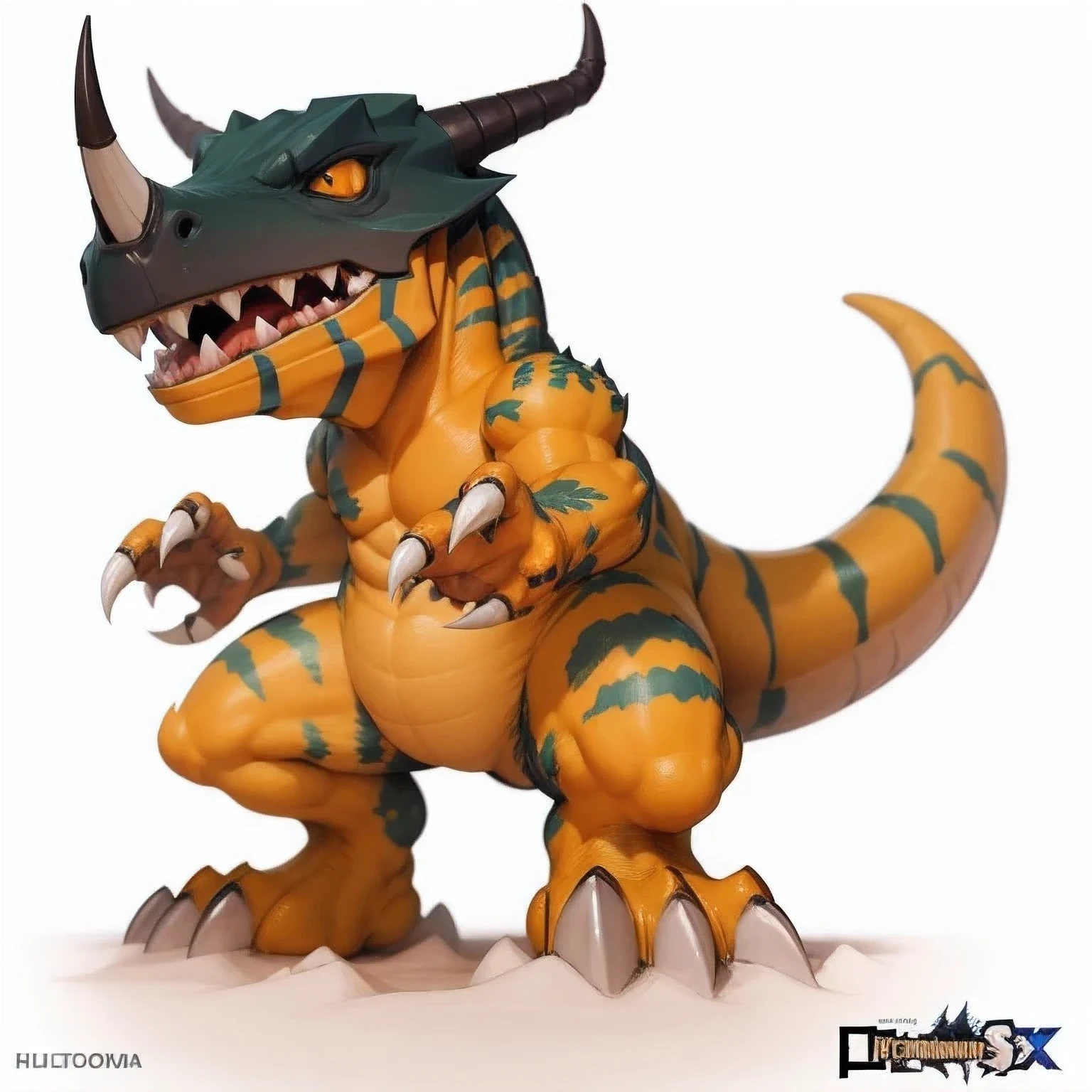 Masterpiece, 8K, best quality, Greymon, on green grass, wide angle, very long shot, 3d art, inspired by Adam Rex, real life, view from below, fighting pose, no shadow, forest and savannah landscape, high resolution, high detail, HDR, intricate detail, ultra detail, digital art, no shadows, even teeth, three fingers on each hand and three toes on each of Greymon's feet, there aren't any missing fingers or feet on Greymon's image, the entire body is light colored, draw Greymon so that each hand and each foot have exactly ba fingers, Sharp teeth, Digimon, Anime, Dinosaur, Dragon, Cool looking, Red duplicate, Horns, facial details, Blue stripes like photo, Full body details