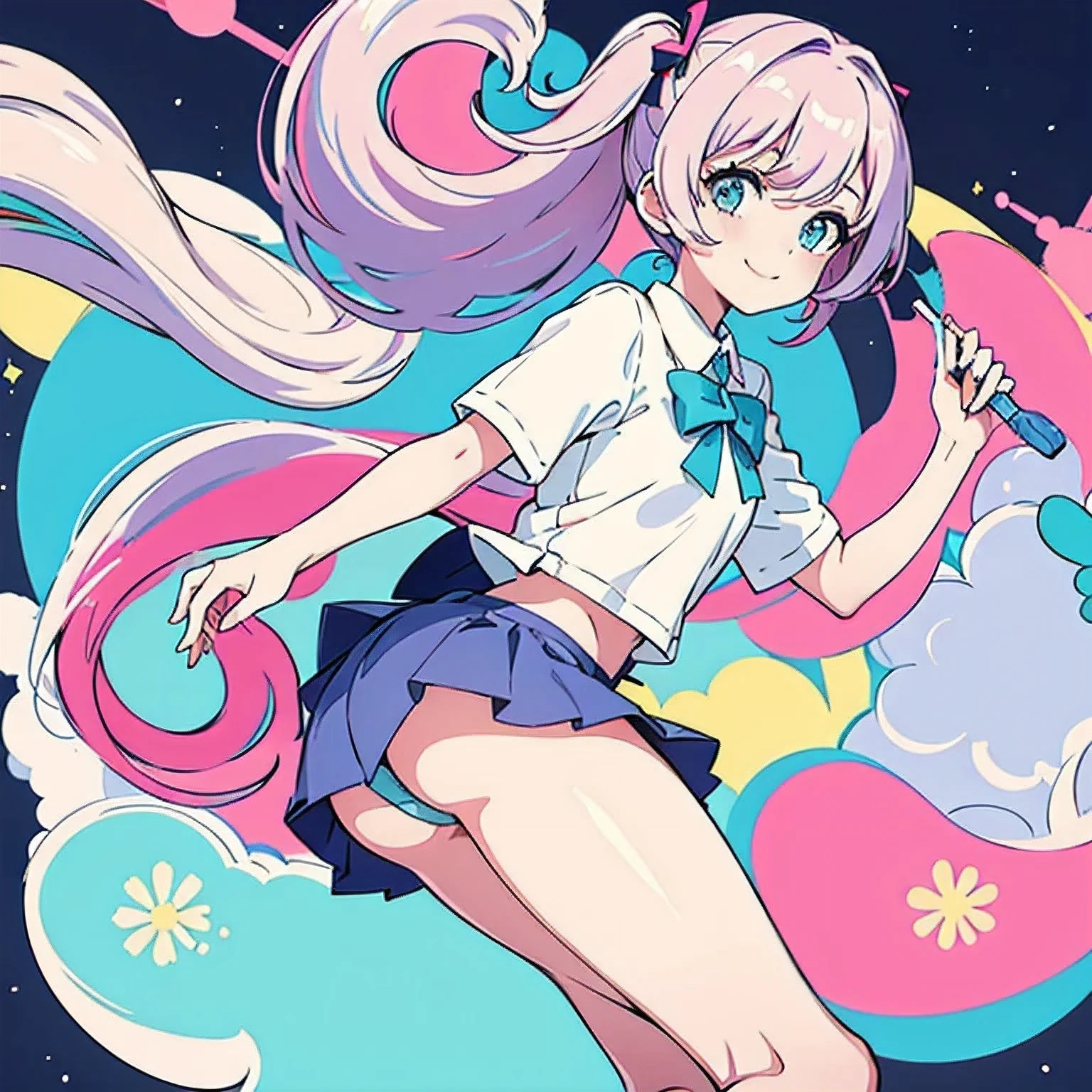 masterpiece, highest quality, Pop illustrations, Pop colors, Pastel Tones, pastel colour,Big Butt,Miniskirt,smile