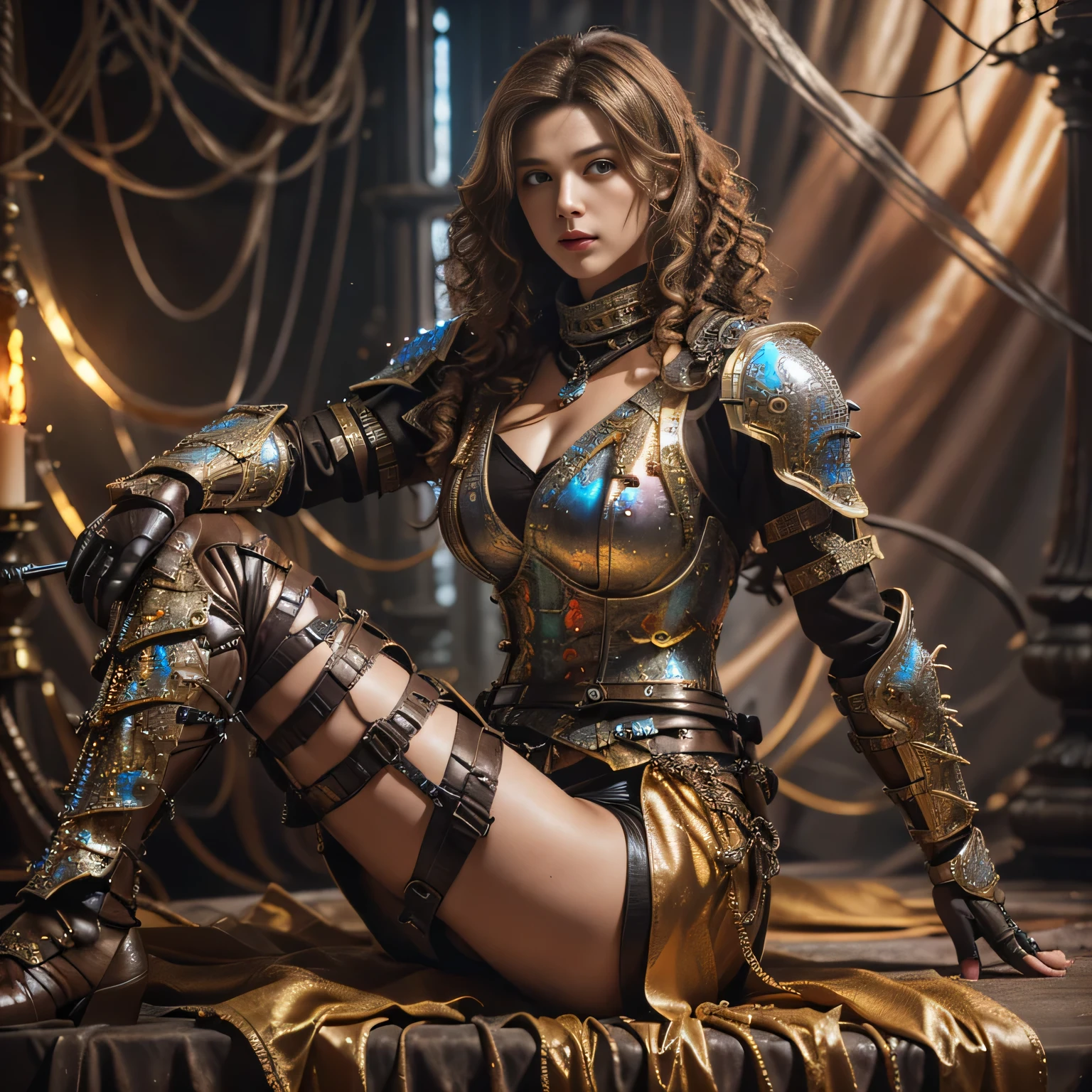 Busty brunette, knight in intricate armor, masterpiece, best quality, realistic, hyperrealistic, 16k hdr, photorealistic, cinematic, medieval scene, knight's throne view, 25yo, voluptuous woman,(brown hair, cascading curls:1.3),brown leather armor,enhanced breasts,from front,seated,chest focus,chainmail, gloved hands resting on sword, dramatic lighting, knightly background, knight's portrait view, high resolution, ultra-detailed, ultra-sharp, chivalric atmosphere, 1 girl, full body armor, brown eyes, detailed