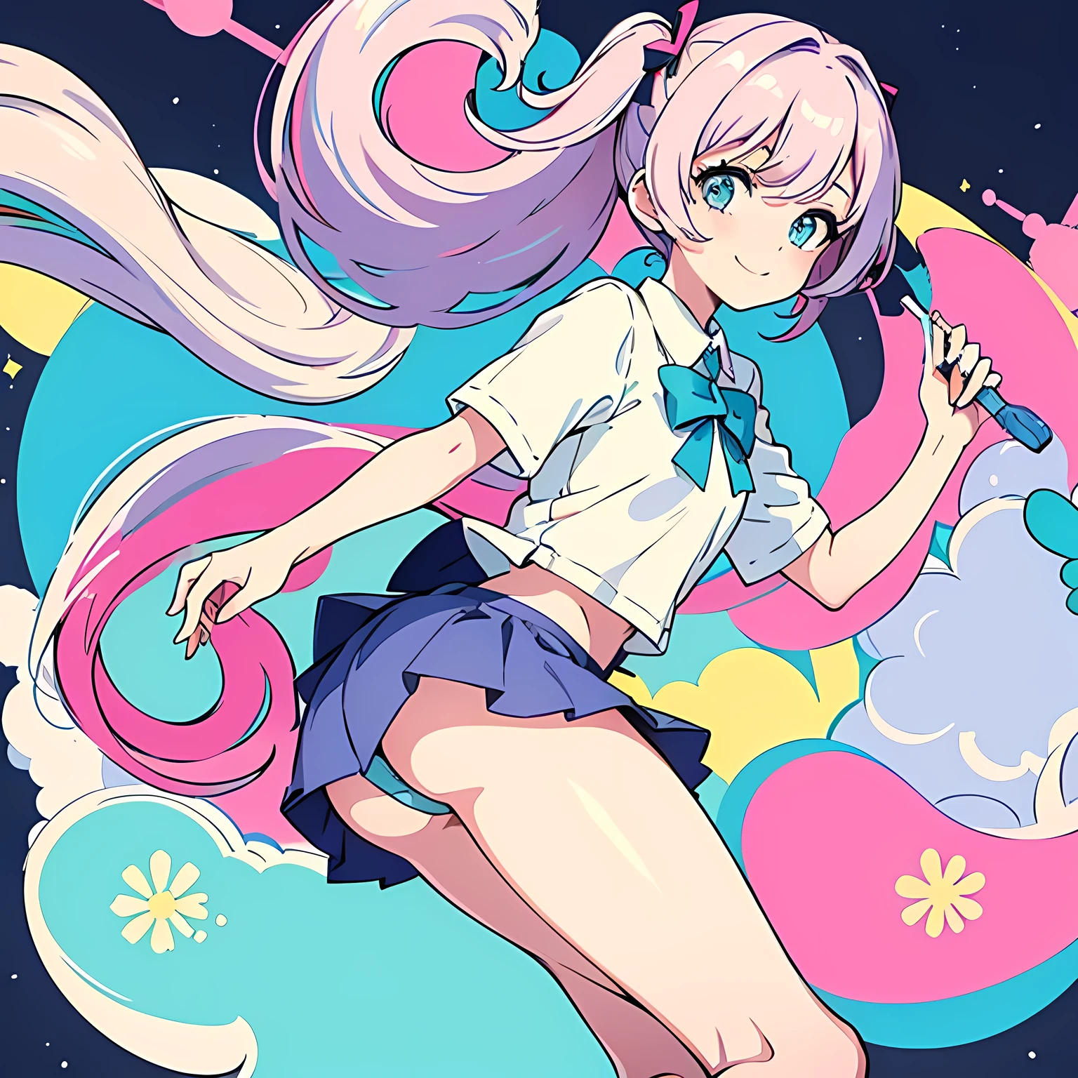 masterpiece, highest quality, Pop illustrations, Pop colors, Pastel Tones, pastel colour,Big Butt,Miniskirt,smile