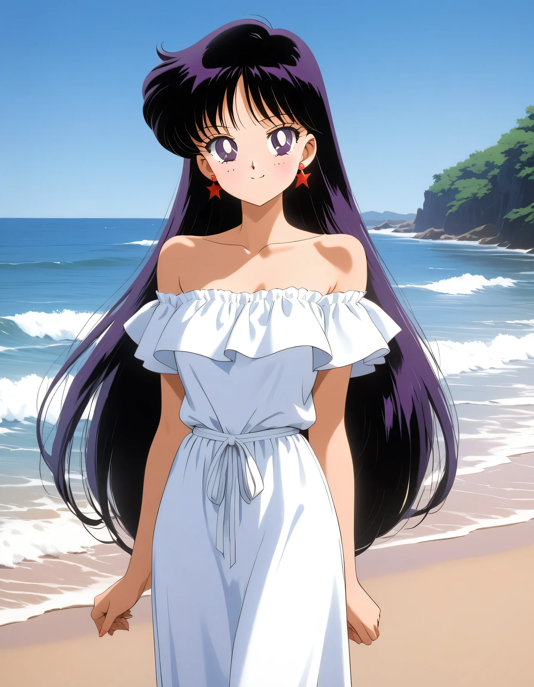 aamars, very long hair, black hair, parted bangs, purple eyes, 1990s \(style\), 1 girl, solo, Best quality, masterpiece, High Definition, Good hands at sides, Smile, Blushing, Bare Neck, Bare Arms, Bare Shoulders, short sleeve, Strapless, White Ruffle Off-the-Shoulder Top, White Off-the-shoulder Dress, White maxi dress, standing on the beach, Background, blue skies,
