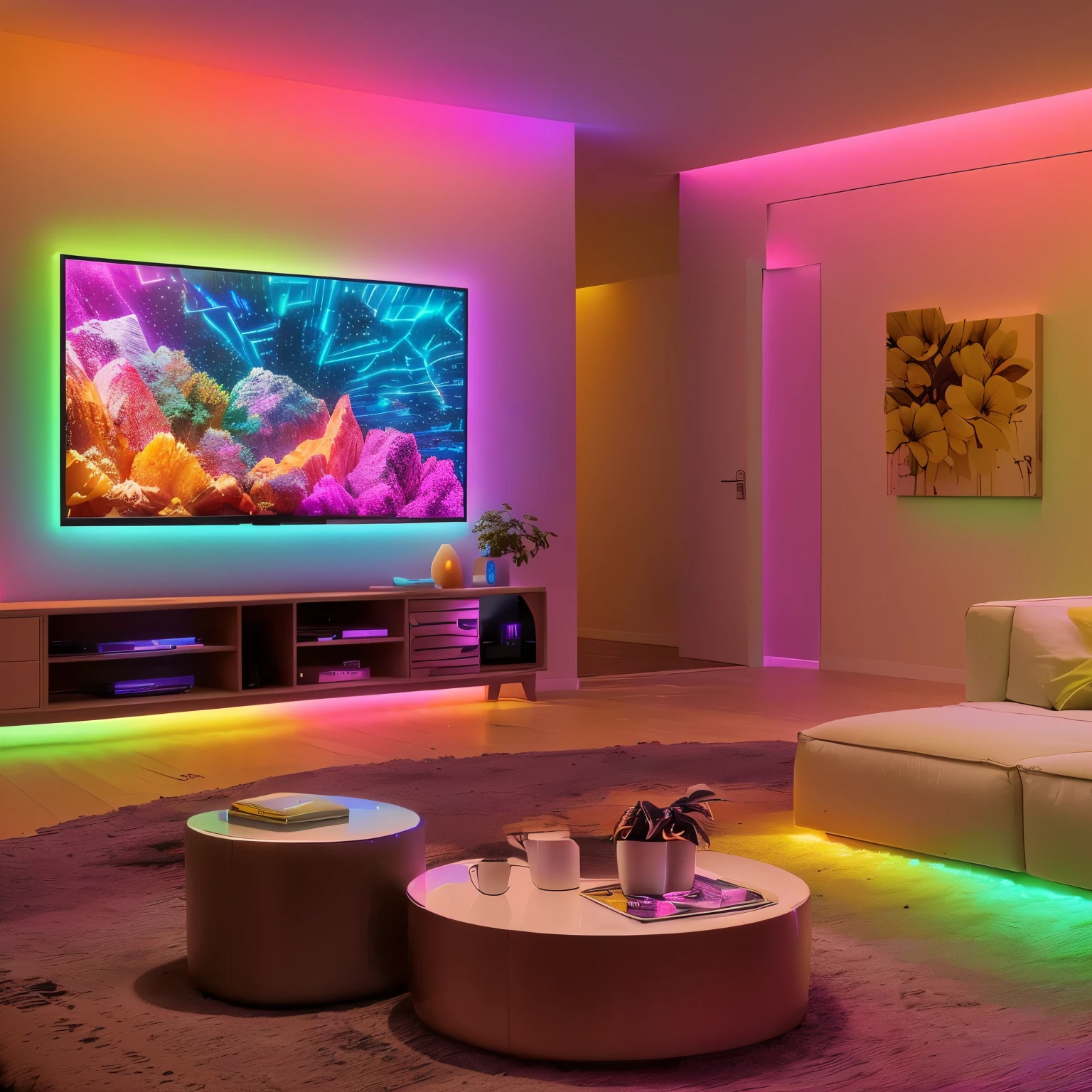 brightly lit living room with a tv and couches and a coffee table, led light strips, rgb led lights, neon ambient lighting, led lights around the place, cheerful ambient lighting, colour led, colorful lighting, rgb wall light, rgb lighting, colored lighting, dramatic and colorful lighting, rgb lights, oled lights in corners, led color, dramatic colorful lighting
