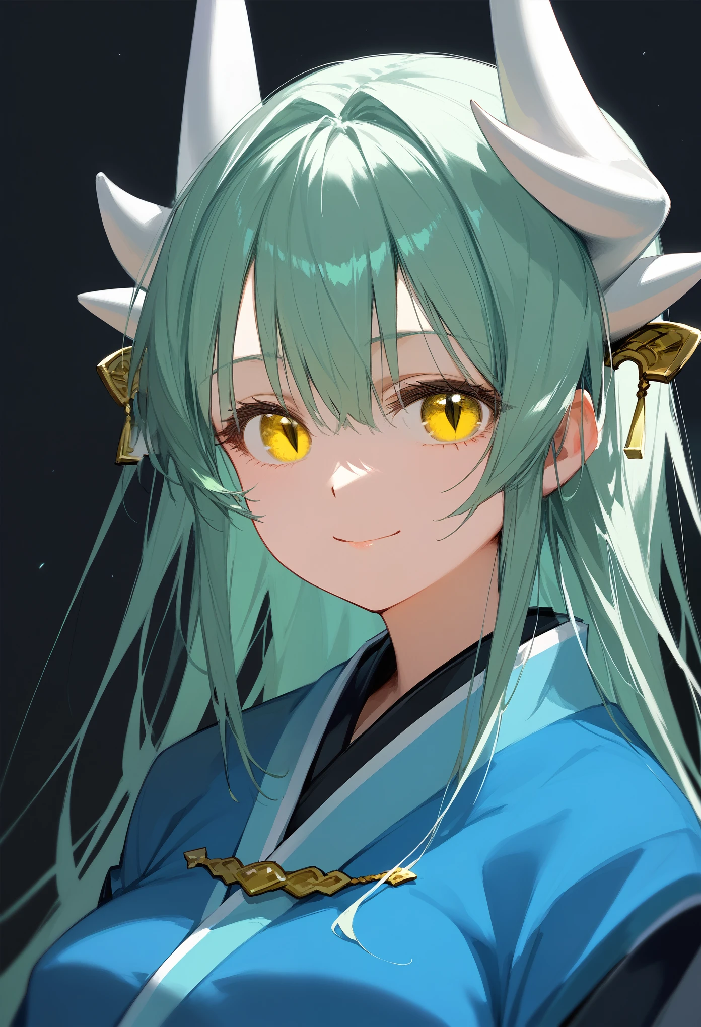 score_9, score_8_up, score_7_up, close-up, portrait, 1girl, solo, kiyober1st, green hair, long hair, yellow eyes, slit pupils, horns, white horns, medium breasts, hair ornament, blue kimono, wide sleeves, looking at viewer, small smile, relaxed, cute, black background, simple background, best quality