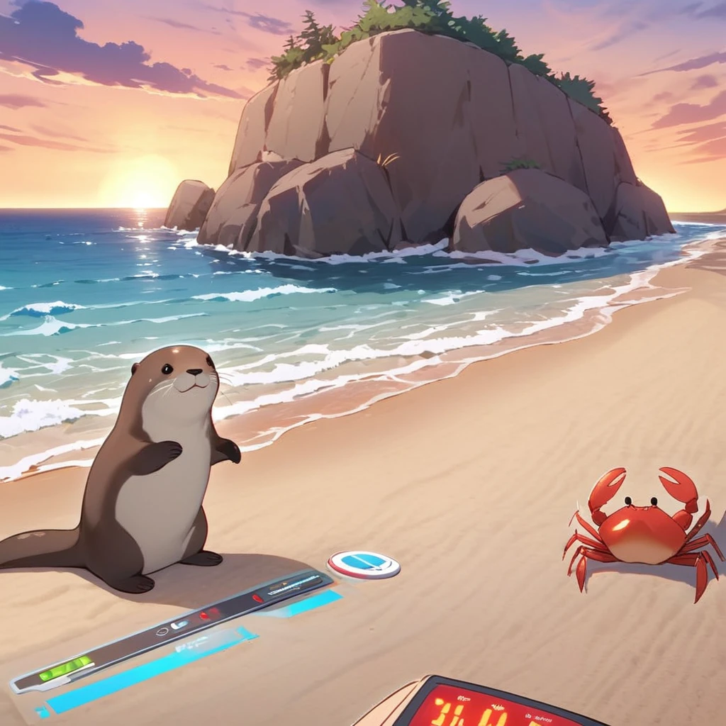 An otter on a beach does battle with a crab on a beach at sunset, like a video game they have health meters