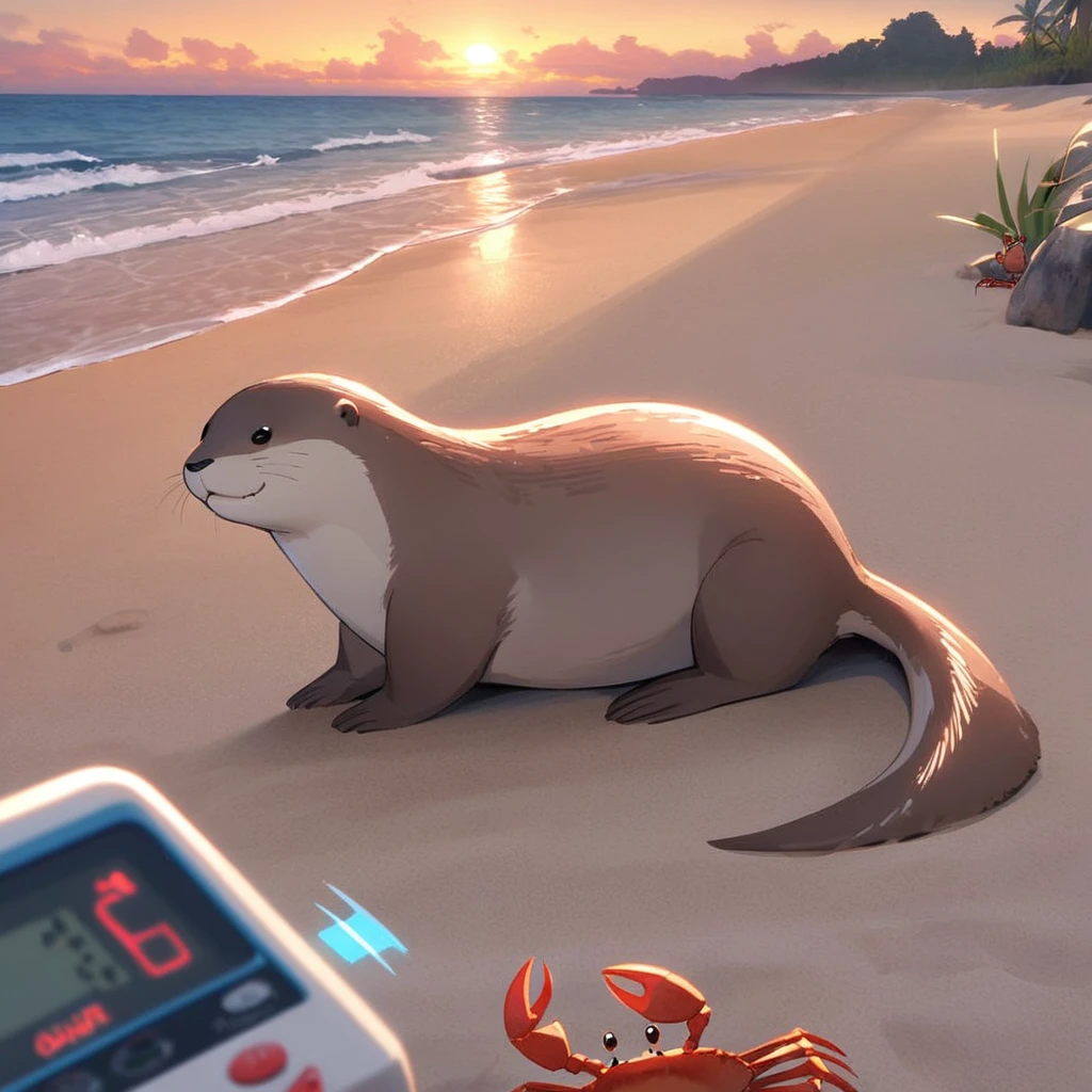 An otter on a beach does battle with a crab on a beach at sunset, like a video game they have health meters