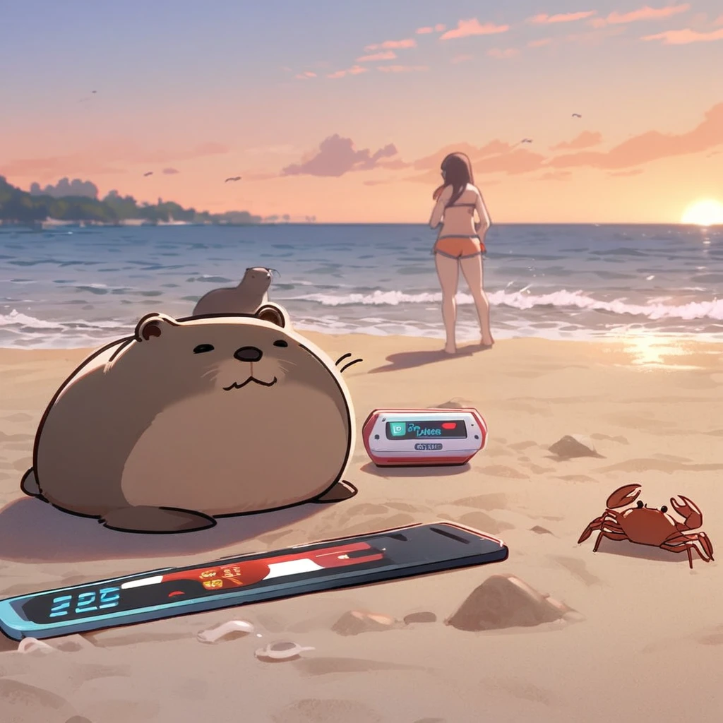 An otter on a beach does battle with a crab on a beach at sunset, like a video game they have health meters