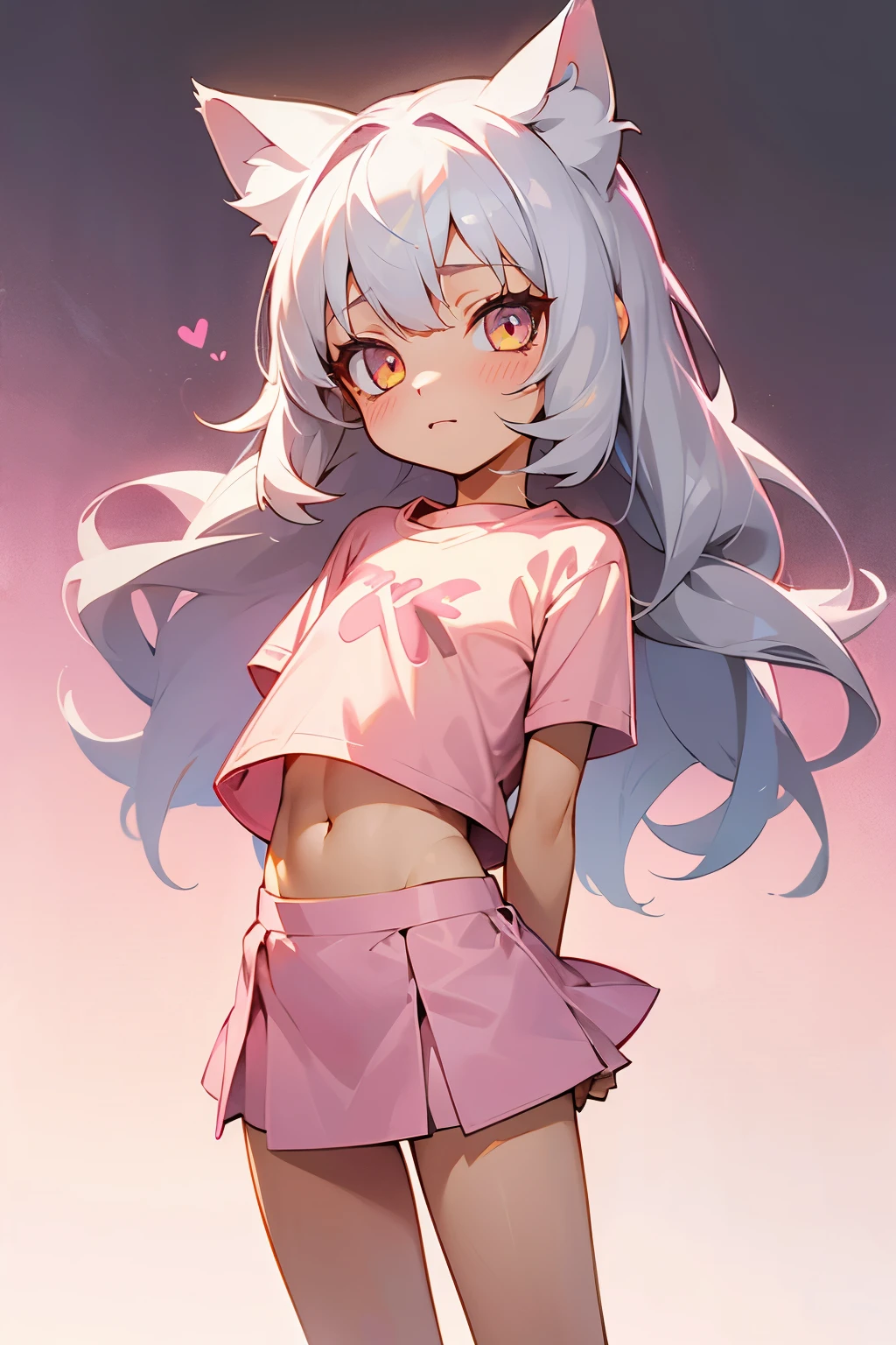 1girl, silver hair, golden eyes with pupils, ((skinny)), ((ite)), short, small, ((neko)), (cropped solid pastel pink tshirt), long hair, short skirt, (((kid, cat ears, happy, blush, flat chest, midriff, at school, tummy