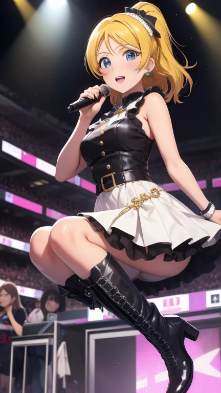 Obra maestra, mejor calidad, Muy detallado, ultra high resolution, eliayase, eli ayase, Cabello amarillo, blue eyes, cola de caballo, Cinta para el pelo, 1 chica, solo, labios brillantes, sleeveless idol dress, falda muy hinchada, falda acampanada, Ropa interior de Encaje, muslos altos, heel boots, cuerpo completo