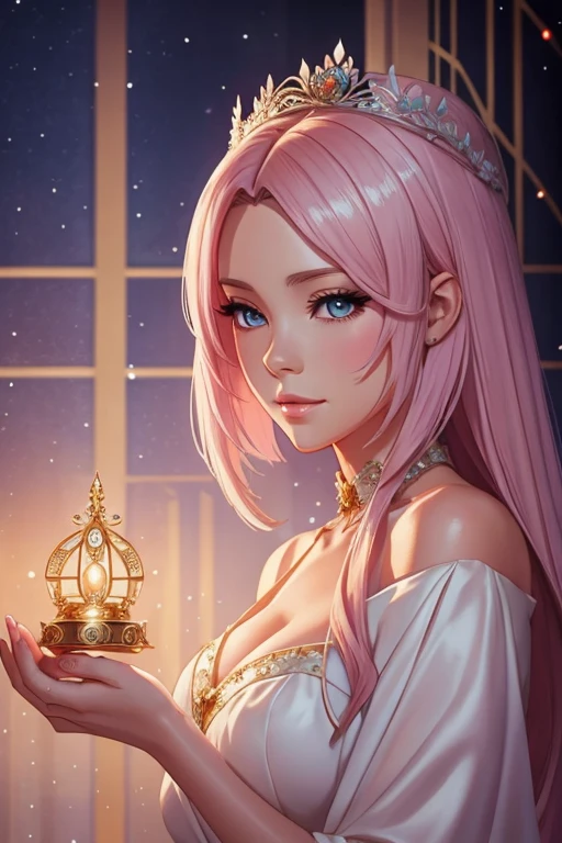 there is a woman in a white dress holding a music box, artwork in the style of Guweiz, Guweiz on pixiv artstation, Guweiz on artstation pixiv, Guweiz, estilo de arte de fantasia, Guweiz masterpiece, rainha linda e elegante, linda pintura de personagem, arte digital detalhada de anime, princesa de cabelos loiros, cabelo branco, olhos azuis celestes, pink lips