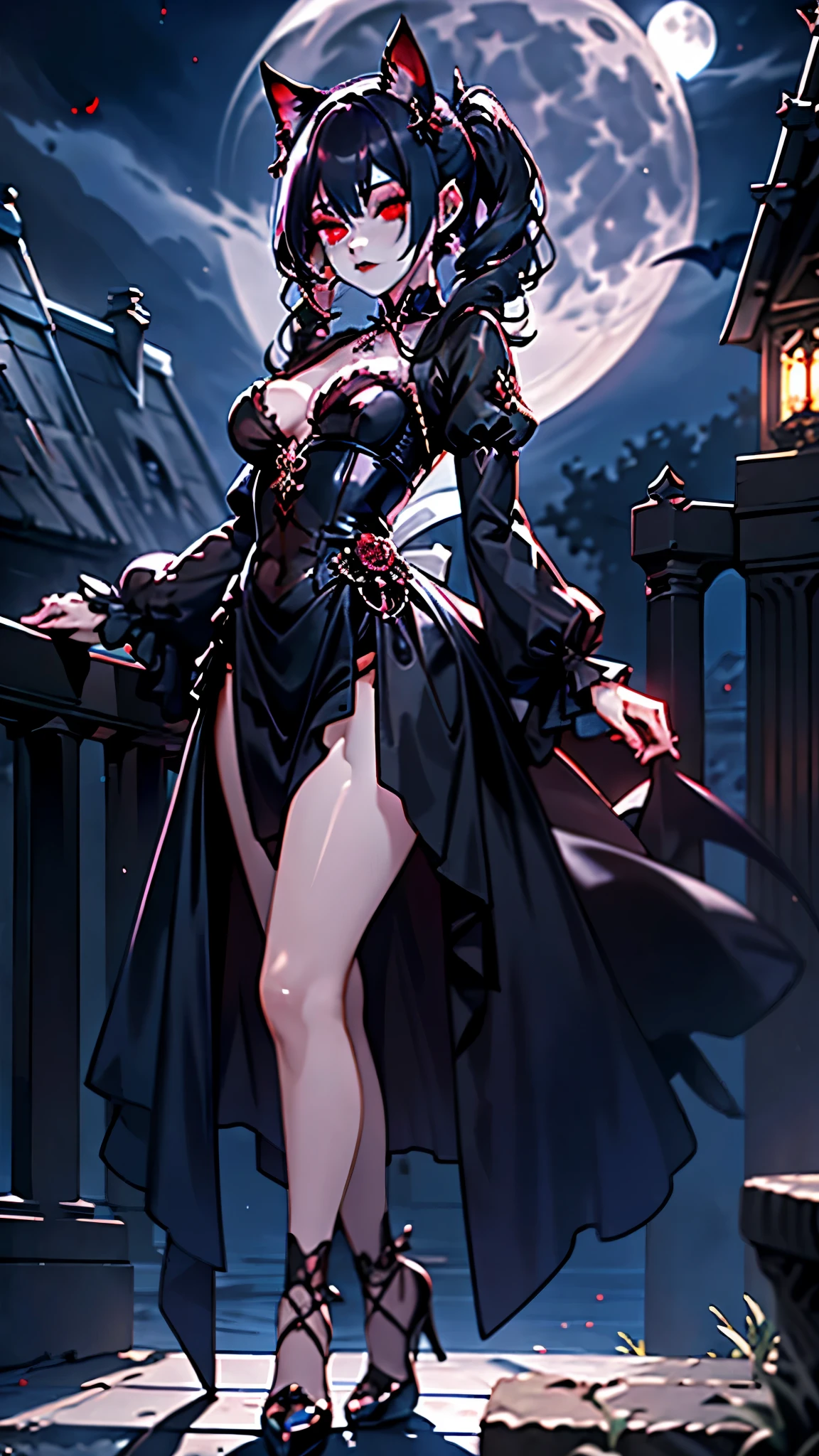 junkotvv A beautiful gothic vampire. Standing on a balcony under the moon. misterioso. Volumetric light, high dynamic range., pelo negro con orejas de gato y ojos rojos brillantes.