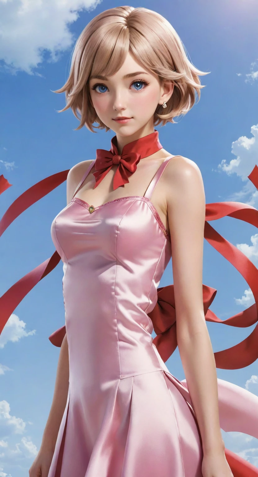 masterpiece, Best quality, a high resolution, serena (Pokemon), short hair, Blue eyes, 1 girl, One, Blue ribbon, eyelashes, neck band, without sleeves, bang, clavicle, bare hands, pink ornate light transparent silk dress , red coat, white background, front, no landscapes, I look at the viewer,upper body, facing the viewer, solid color background, clean background, facing the camera, a high resolution, Expressionless calm face, белый background, looking, simple_background
