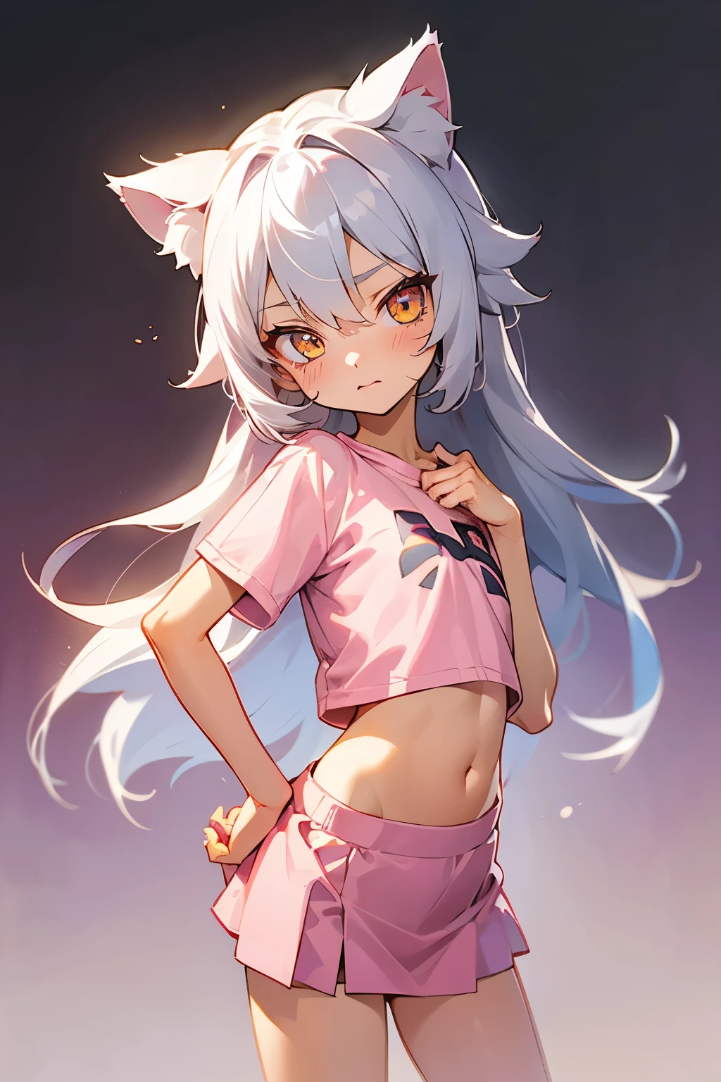 1girl, silver hair, golden eyes with pupils, ((skinny)), ((petite)), short, small, ((neko)), (cropped solid pastel pink tshirt), long hair, short skirt, (((???))), cat ears, happy, blush, flat chest, midriff, at school, tummy