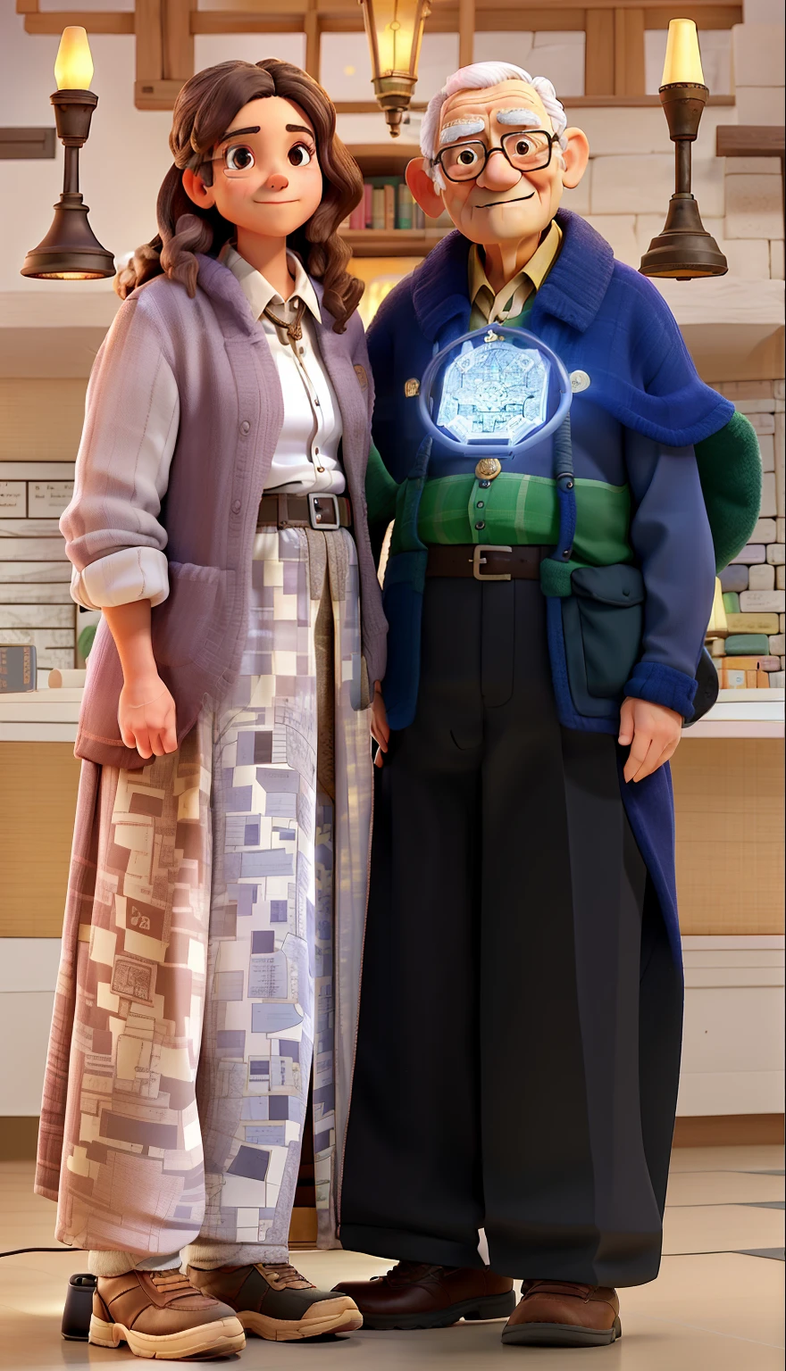 A wise old man standing in front, illuminated by the light of a lamp, tendo como pano de fundo uma biblioteca