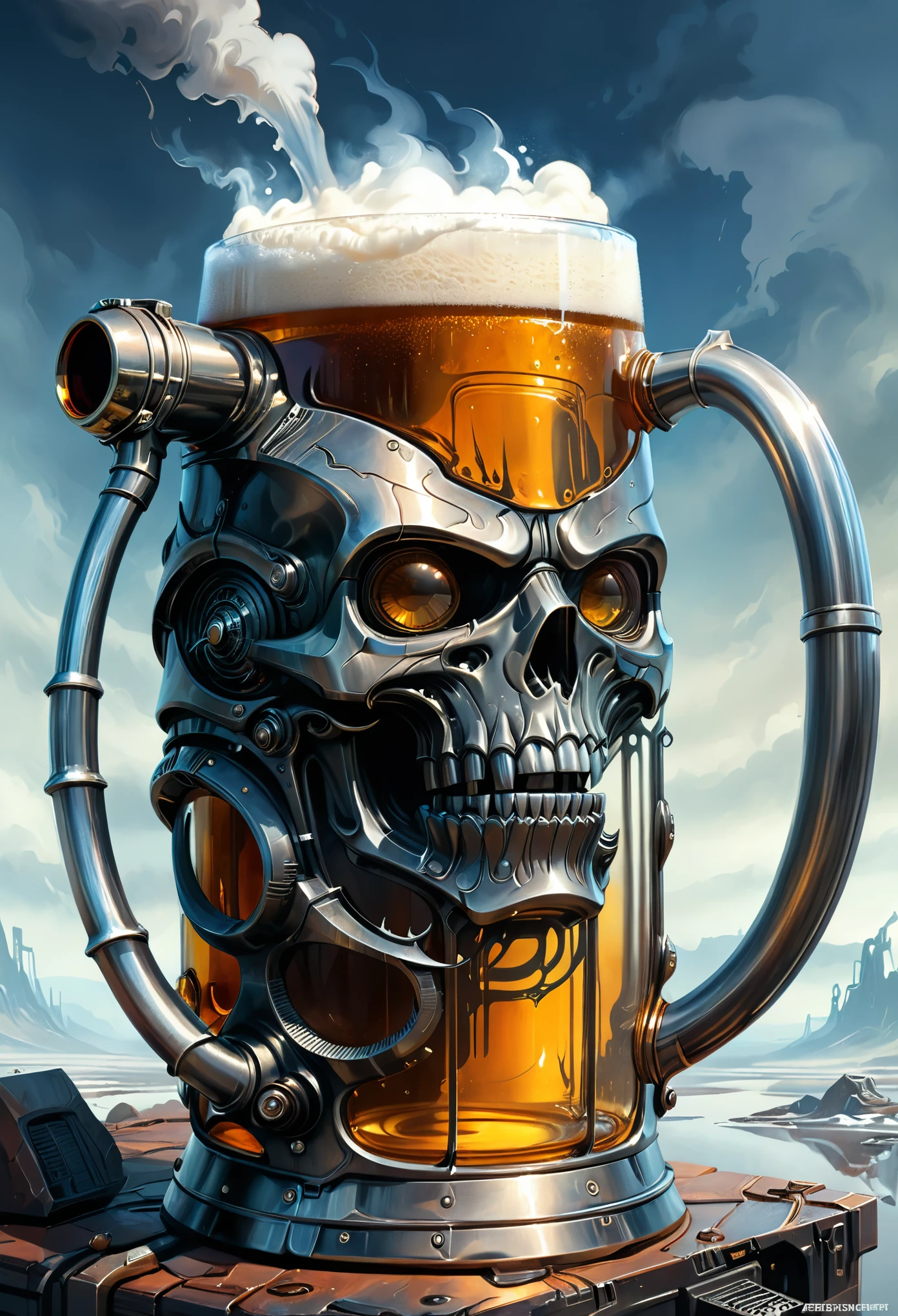 Close-up digital illustration, (Skull-shaped beer mug:1.3), Intricate design, (Detailed skull with metallic bronze ornaments:1.2), Deep-set eyes with mechanical circuit details, Long, pointed, and frightening teeth, (Steampunk-style tubular handle with joints and fittings:1.2), Contents of amber beer with thick creamy foam, (Blurry background suggesting a brewery workshop:1.3), Elements of pipes and barrels, Rich textures and atmospheric depth.