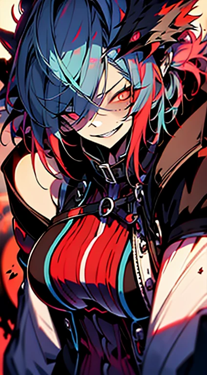 1girl, short_rebellious_hairblue_hair, hair tips to the side, scary_eyes, short_hair, scary_smile, Evil smile_sharp_wild teeth, black_iris, scarlet_red_pupil, black, sclera, soulless_black_eyes, looking_at_vi ewer, holding, shirt, pant, animal_ears, blue_ ears, wolf_woman, blue_tail, body_perfect, Milf_body, female_body_muscular, big_breasts, scar_on_thighs, scar_on_the abdomen,assassin's creed:hunter_outfit_black