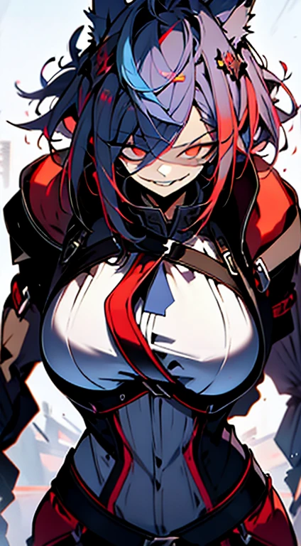 1girl, short_rebellious_hairblue_hair, hair tips to the side, scary_eyes, short_hair, scary_smile, Evil smile_sharp_wild teeth, black_iris, scarlet_red_pupil, black, sclera, soulless_black_eyes, looking_at_vi ewer, holding, shirt, pant, animal_ears, blue_ ears, wolf_woman, blue_tail, body_perfect, Milf_body, female_body_muscular, big_breasts, scar_on_thighs, scar_on_the abdomen,assassin's creed:hunter_outfit_black