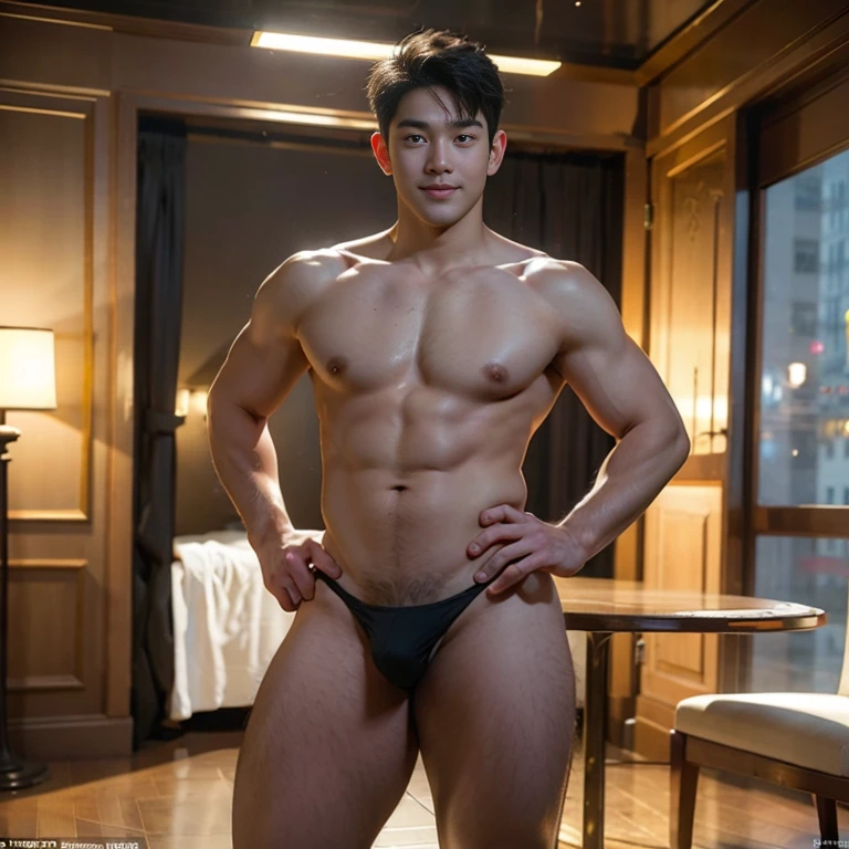 ((Men only)), (handsome man in his 20s), (sexy micro thong ), (Mischievous smile), HIG quality, beautidful eyes, (Detailed face and eyes), (Face、: 1 / 2), Noise, Real Photographics、... .PSD, Sharp Focus, High resolution 8K, realisitic & Professional Photography, 8K UHD, Soft lighting, High quality, Film grain, FujifilmXT3 ,sexy , NSFW , eroticism , full length shot(fls) ,standing, (thick thighs , phat hips ,wide pelvis , wide hips) , handsome boy , smirk , grins , K-pop idol looking , bare thighs, bare chest , bondage collar , hourglass shaped body , handsome korean boy. , handsome face , detail face ,(((only boy ,only male))), extra short hair ,topless. , hands bind behind back