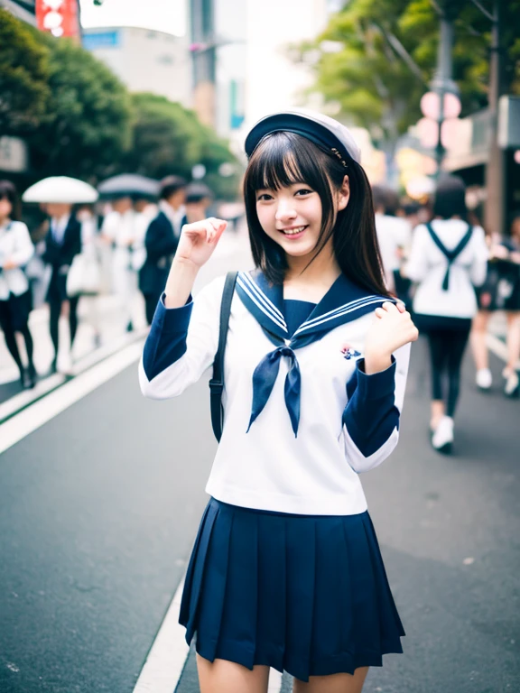 (masterpiece:1.2), super high quality, Japanese Girls, (Ultra-realistic), (Super Photography Style), One girl, Sexy 18 year old girl, Slender body, Thin thighs, (Sailor suit),Uniform micro skirt、 Fashionable hairstyles, Laughter, Are standing、Tokyo city street