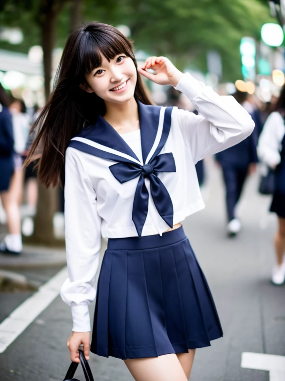 (masterpiece:1.2), super high quality, Japanese Girls, (Ultra-realistic), (Super Photography Style), One girl, Sexy 18 year old girl, Slender body, Thin thighs, (Sailor suit),Uniform micro skirt、 Fashionable hairstyles, Laughter, Are standing、Tokyo city street