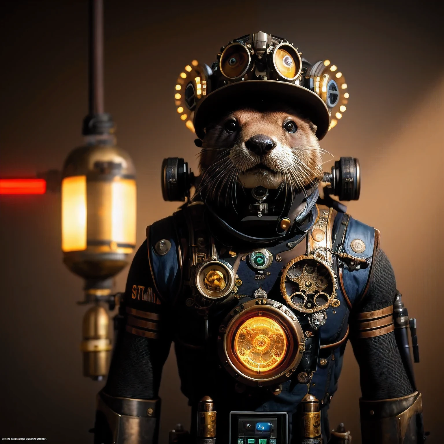 An otter (((steam punk))) otters3 D rendering digital art, (otters) fantasy style, 8 k solar punk wallpaper，Close-up of a robot with a light on its head, cyber steampunk 8 k 3 d, 3 d render Bepple,otters. Unreal Engine 5, Bepple. Octane Rendering, 3d rendering digital art, (one) Fantasy style, 4k solar punk wallpaperone