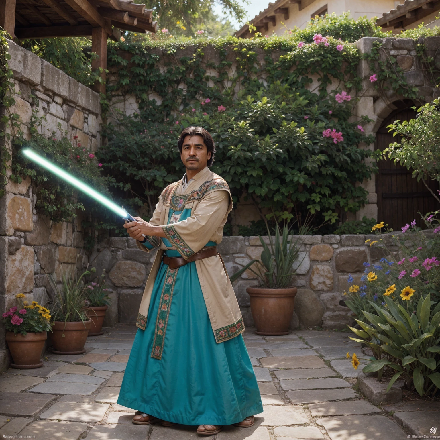 A Mexican Jedi caballero standing in a vibrant garden, wearing traditional Mexican attire and wielding a lightsaber. The Jedi caballero's eyes are piercing and intense, with a sense of wisdom and determination. His lips are welcoming and expressive, revealing a calm and confident smile. The garden is filled with colorful flowers, lush greenery, and vibrant butterflies in motion. The atmosphere is infused with magical energy, casting a warm and ethereal glow on the surroundings. The Jedi caballero's cloak is intricately designed with traditional Mexican patterns and embroidered with vibrant colors, symbolizing his connection to his heritage. The garden is surrounded by tall, ancient stone walls, showcasing the rich history and traditions of Mexico. The scene is captured in a high-resolution, detailed oil painting style, with vivid colors and a sharp focus that brings every minute detail to life. The lightsaber emits a soft, blue glow, illuminating the Jedi caballero's face and casting a gentle shadow on the garden. The overall tone of the artwork is realistic and photorealistic, evoking a sense of awe and admiration for the Mexican Jedi caballero and the beauty of his surroundings.