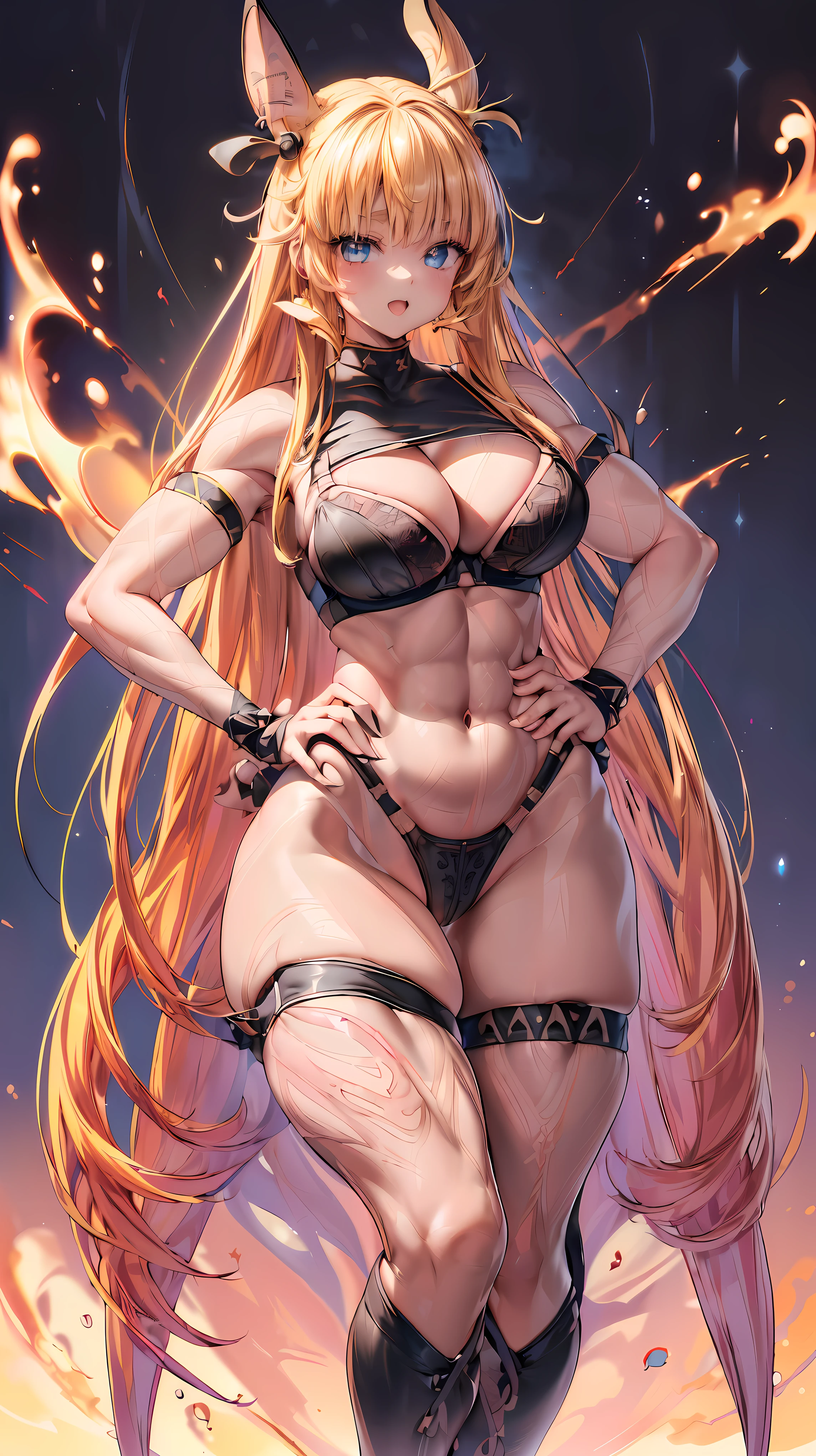 Very detailed、highest quality、Best image quality、masterpiece、8k、Anime Face、A kind smile、(Open your mouth:1.3)、Sparkling blue eyes、(Blonde semi-long hair:1.5)、(Muscles of the whole body:1.3)、(Black highleg:2.0)、Thigh belt、(Cowboy Shot:1.5)、(SFW Giant)、(Thick body:1.2)、(Black Bra:1.5)、(sxspnts)、(Hands on hips:1.1)