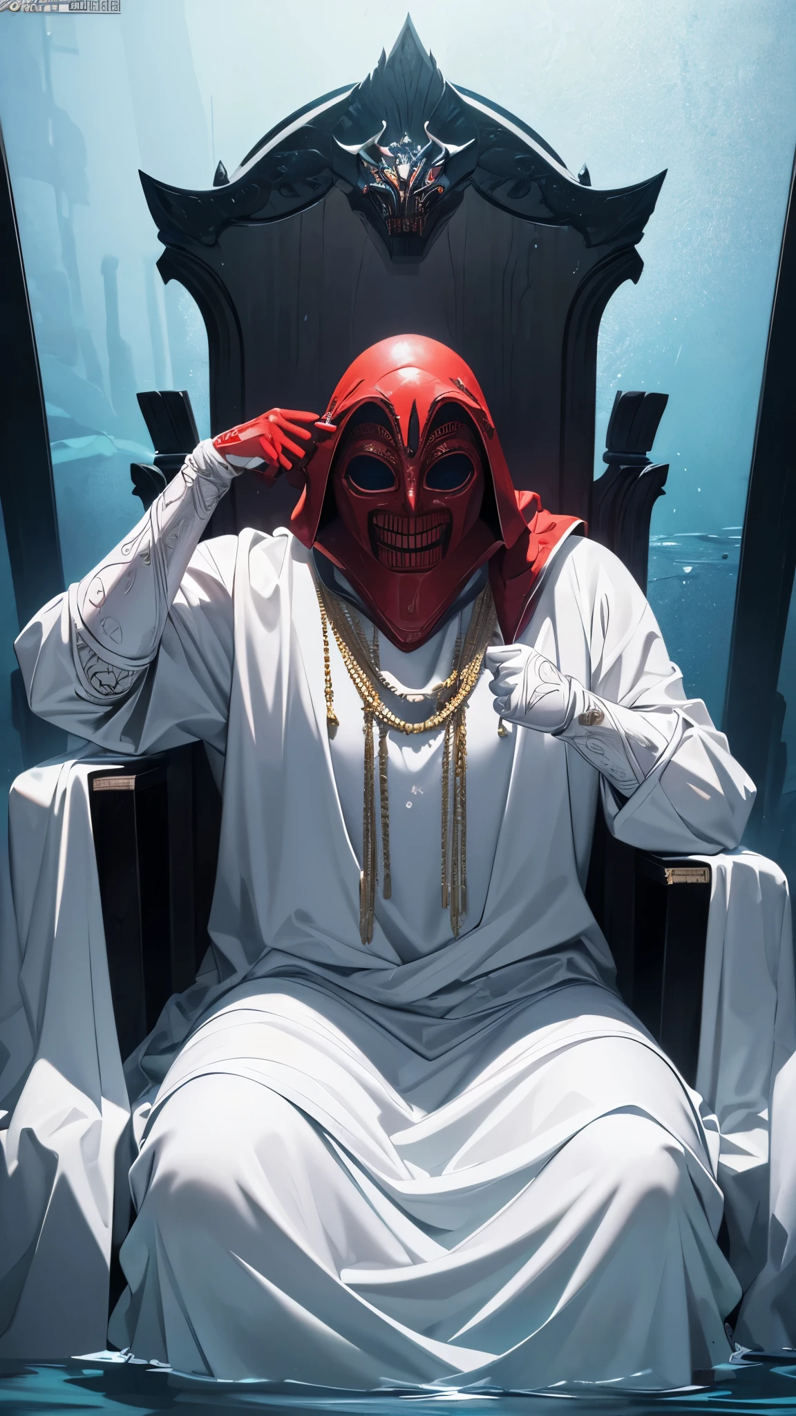 8k resolution))、((highest quality))、((masterpiece))、((Very detailed))((((dramatic))), (Anatomically correct)、The depth of the object to write、front、Throne、(Creepy Mask)、In the water、(theme、whole body:1.1)、background:White、Giant red arm