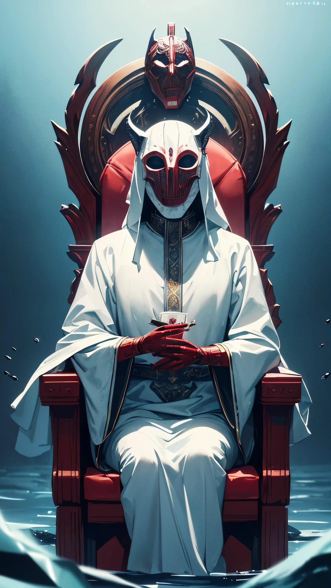 8k resolution))、((highest quality))、((masterpiece))、((Very detailed))((((dramatic))), (Anatomically correct)、The depth of the object to write、front、Throne、(Creepy Mask)、In the water、(theme、whole body:1.1)、background:White、Giant red arm