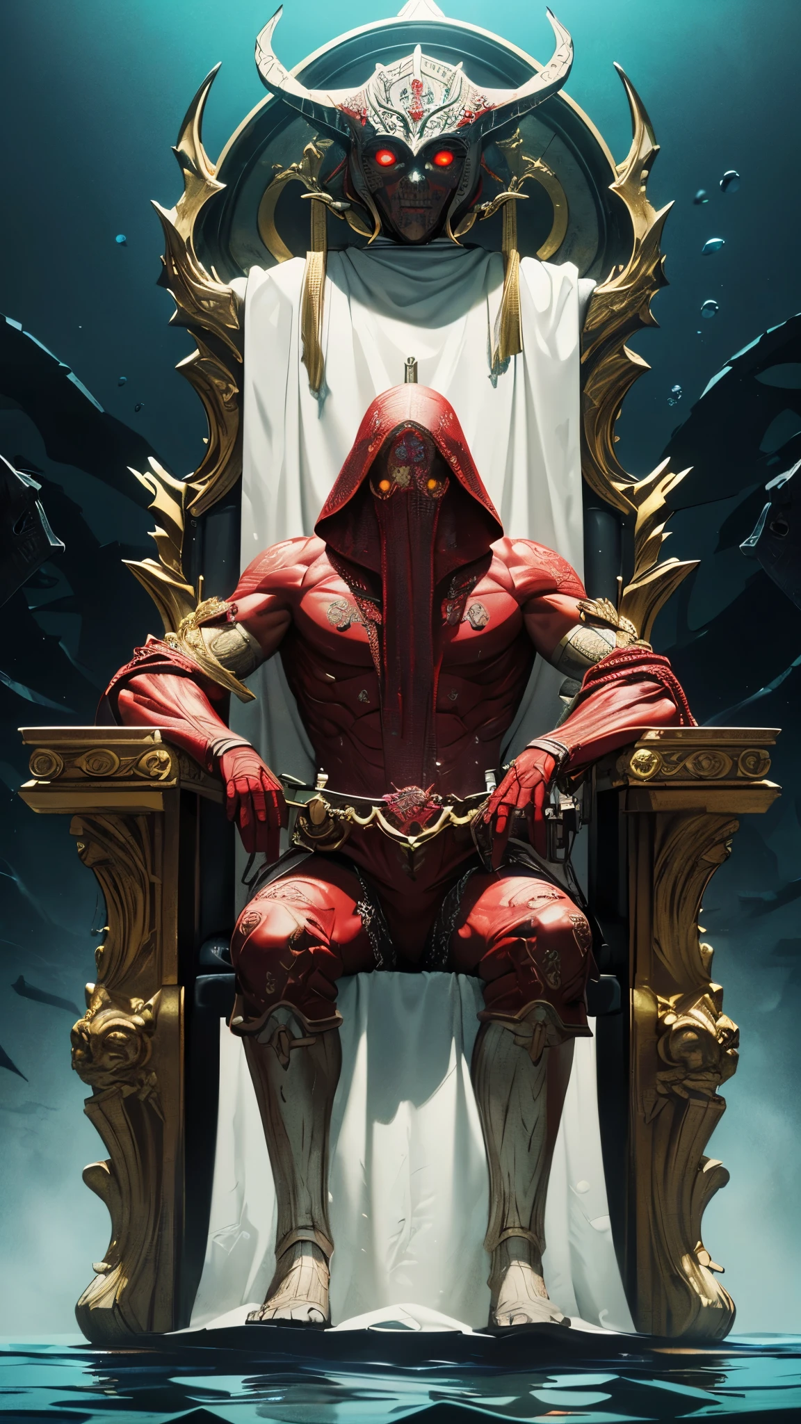 8k resolution))、((highest quality))、((masterpiece))、((Very detailed))((((dramatic))), (Anatomically correct)、The depth of the object to write、front、Throne、(Creepy Mask)、Underwater、(theme、whole body:1.1)、an  ominous、background:white、Giant red arm、Yellow eyed figure