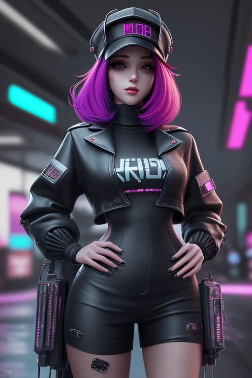 Beautiful woman medium hair, wearing cap, roupas curtas estilo cyberpunk, mulher policial cyberpunk, moleca