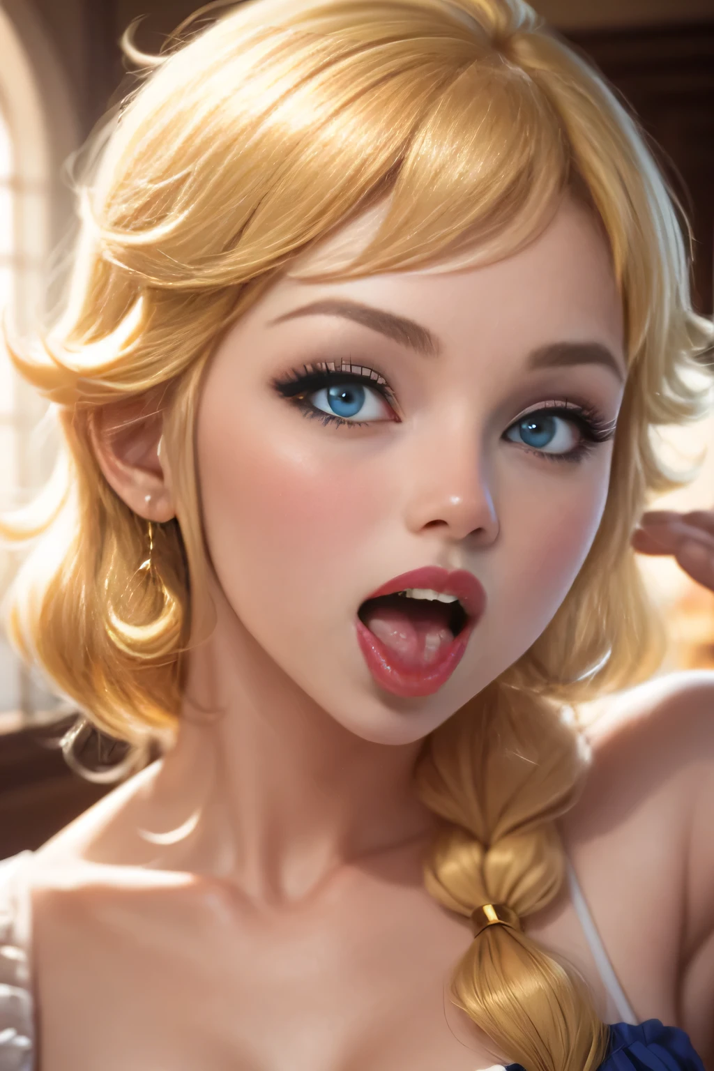 1 girl, Princess Peach, blonde hair, blue eyes, (frilly), gentle, gentle light, soft, soft light, delicate, gold filigree, (mouth open, tongue out), close up on face