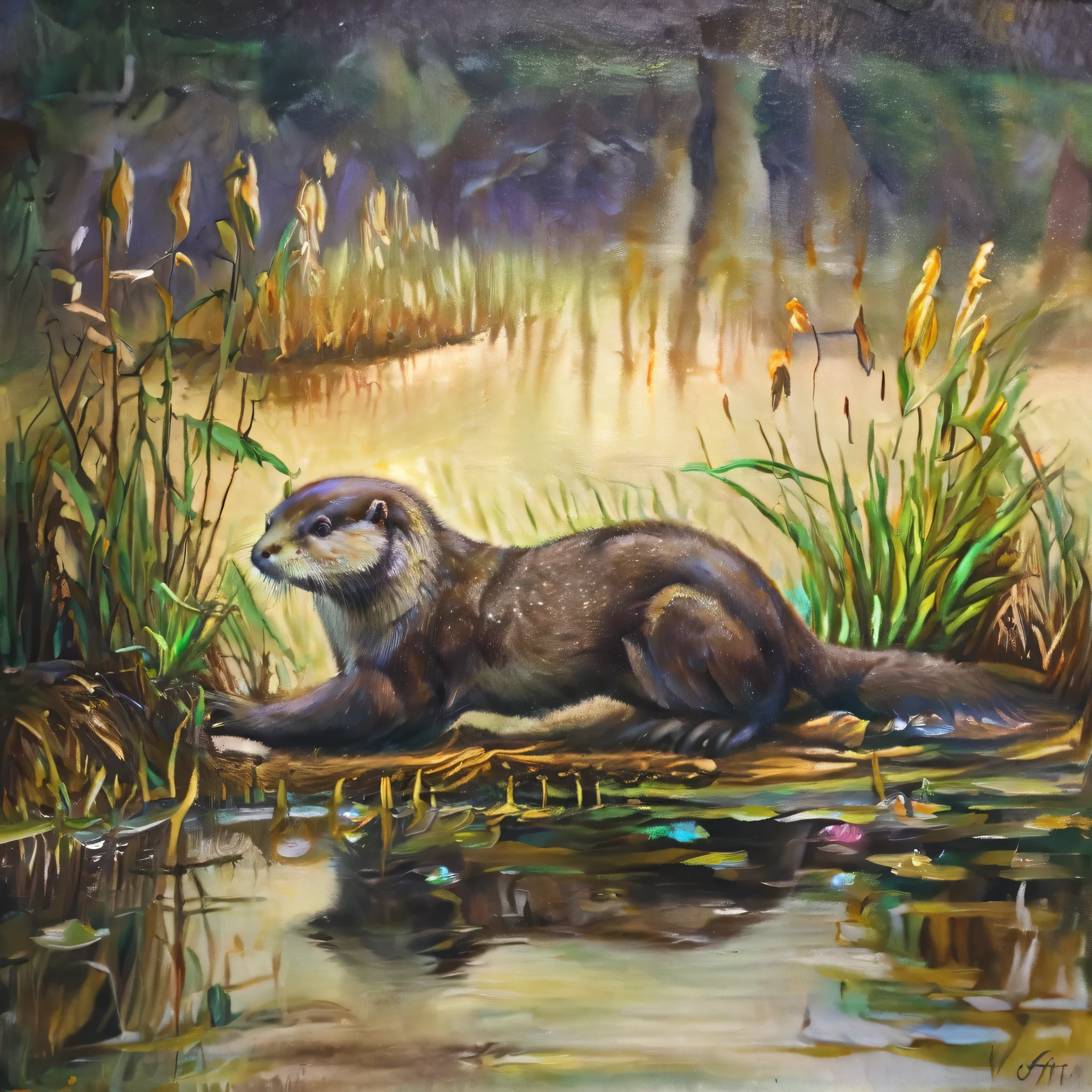 Oil painting of An Otter playing in the water, detailed and beautiful fur, intricate details, otter nest, beautiful waterfront, reflections, soft light