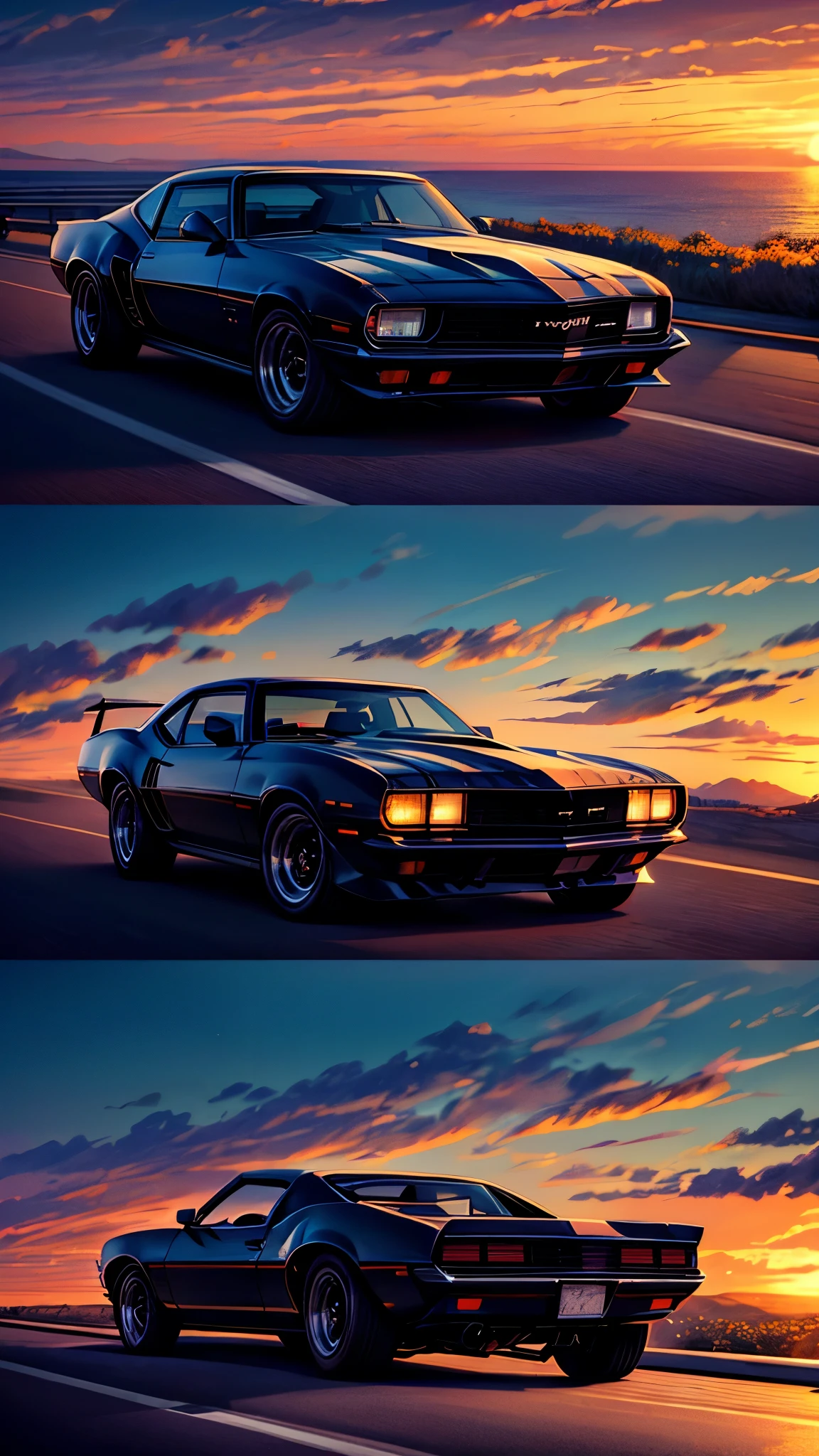 hiper-realista, textura realista, dramatic lighting, (melhor qualidade:1.1) Imagine a sleek, vintage Camaro roaring down a perfectly straight highway that stretches endlessly towards a breathtaking horizon. The car's polished chrome and bold lines reflect the soft glow of the setting sun, exuding an aura of timeless elegance and power. The open road, flanked by rolling hills and scattered wildflowers, creates a picturesque path that invites adventure.

Above, the sky is a masterpiece of nature's artistry, with hues of deep orange, vibrant pink, and soft purple blending seamlessly as the sun dips lower. Wisps of clouds catch the evening light, adding depth and drama to the expansive view. The Camaro’s engine purrs with a deep, resonant hum, its classic silhouette cutting through the serene landscape with effortless grace.

In the distance, the horizon is bathed in a golden light, promising endless possibilities and new horizons. As the Camaro speeds towards it, the scene captures the essence of freedom, elegance, and the timeless allure of the open road. It's a moment of pure automotive poetry, where the beauty of the natural world and the craftsmanship of a vintage masterpiece come together in perfect harmony."