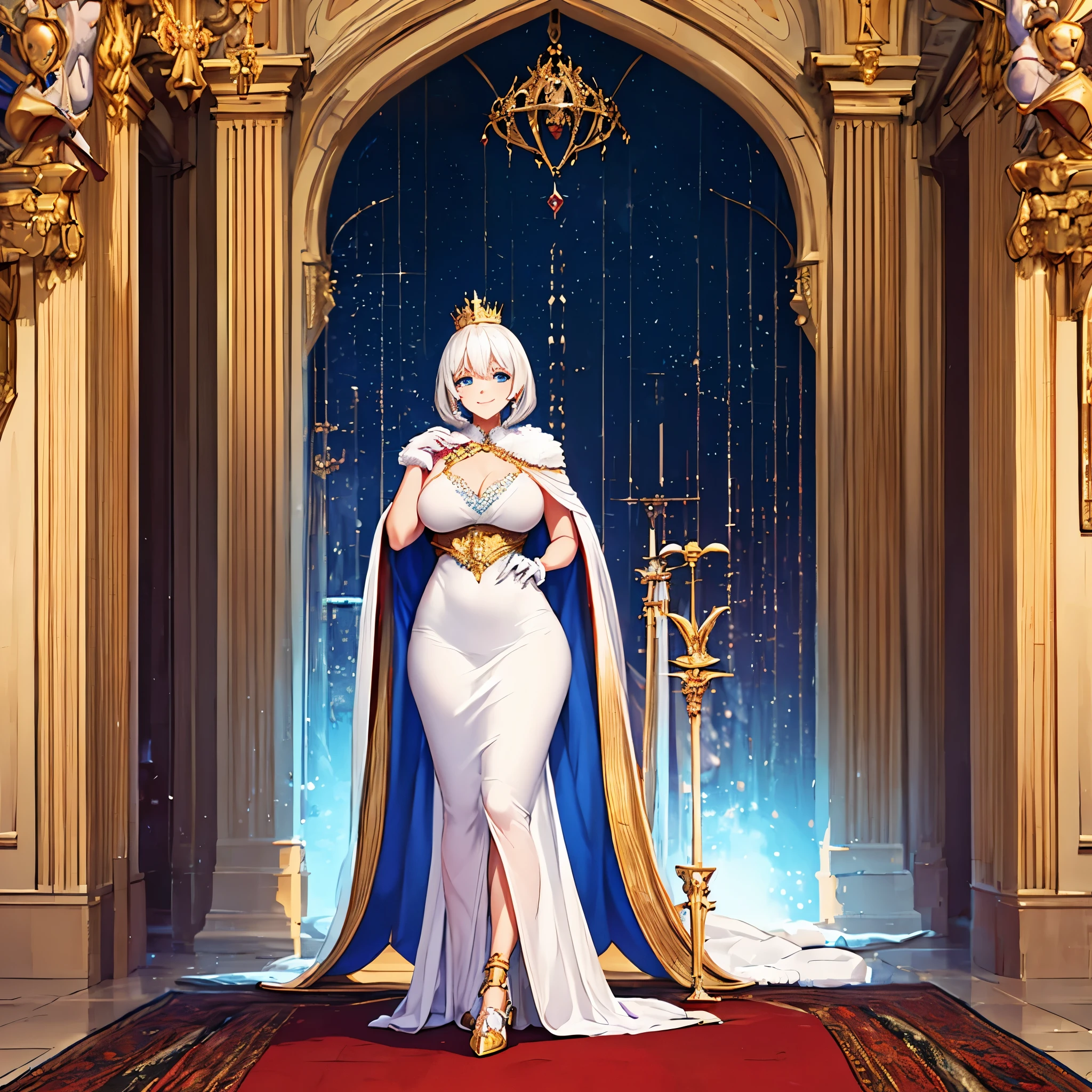 A woman wearing a queen's dress, long white dress with gold and blue details, wearing a golden crown with diamond, in a large medieval hall, white billowing floor, standing on white heels, large fur cape, a large queen's throne in the background , big breasts, smiling, short white hair, ice blue eyes, full body,.projected shadow, anaglyph, stereogram, tachi-e, dot view, atmospheric perspective, 8k, superdetail, accurate, best quality, award-winning, textured skin, high resolution, anatomically correct, bokeh effect, ((solo woman)
